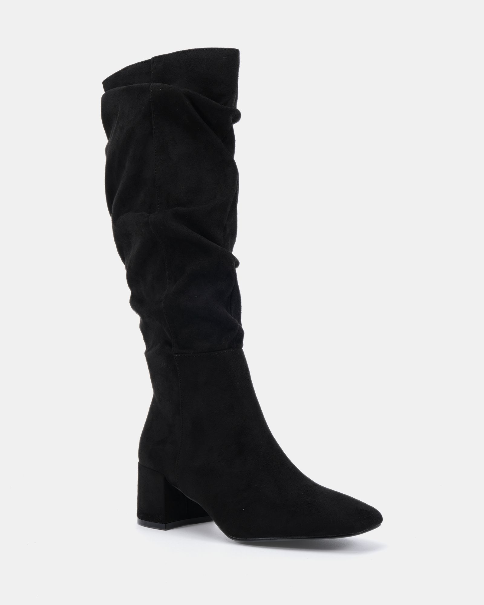GERI Black Block Heel Square Toe Ruched Knee Boot