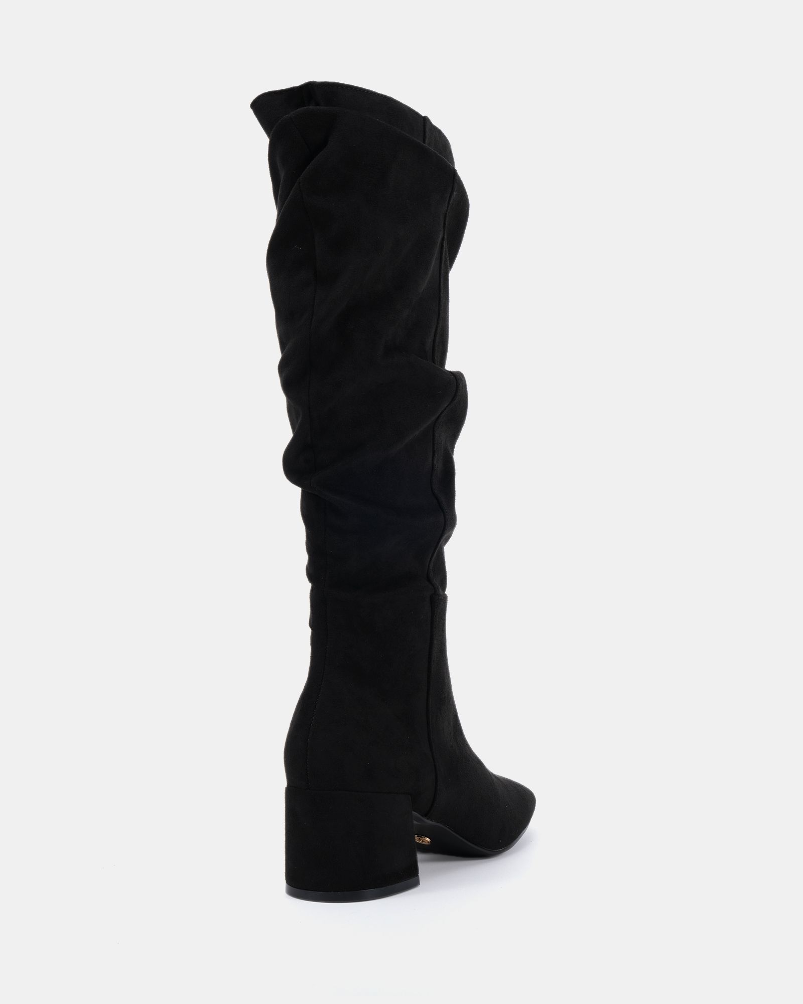 GERI Black Block Heel Square Toe Ruched Knee Boot
