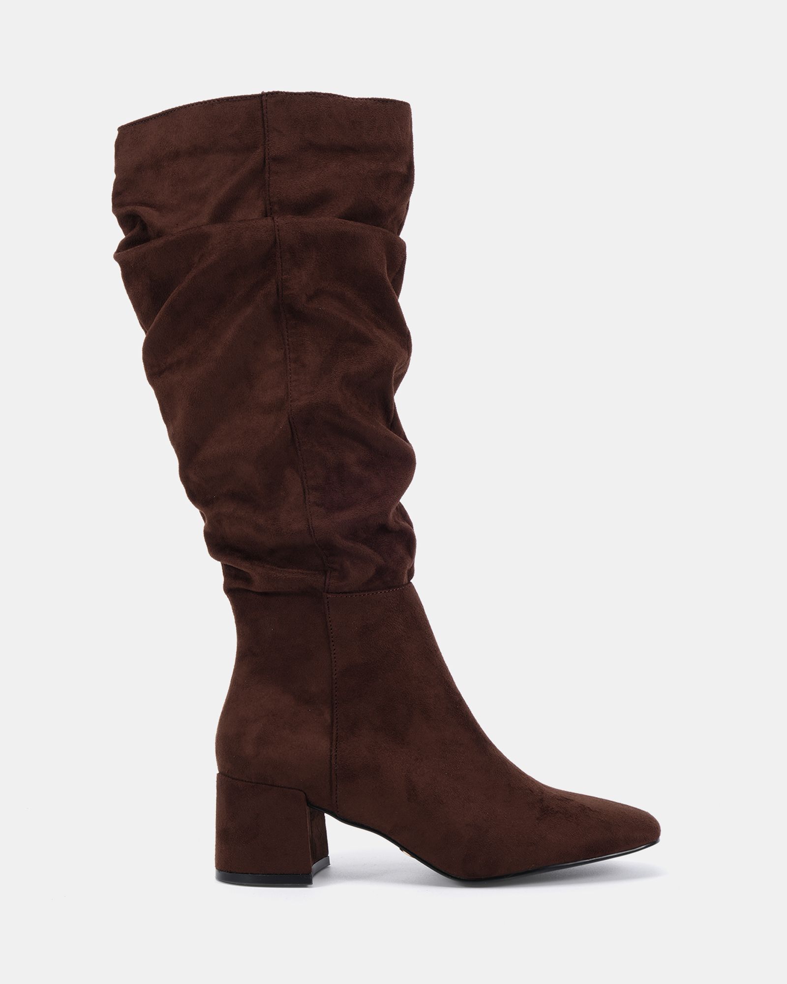 GERI Brown Block Heel Square Toe Ruched Knee Boot