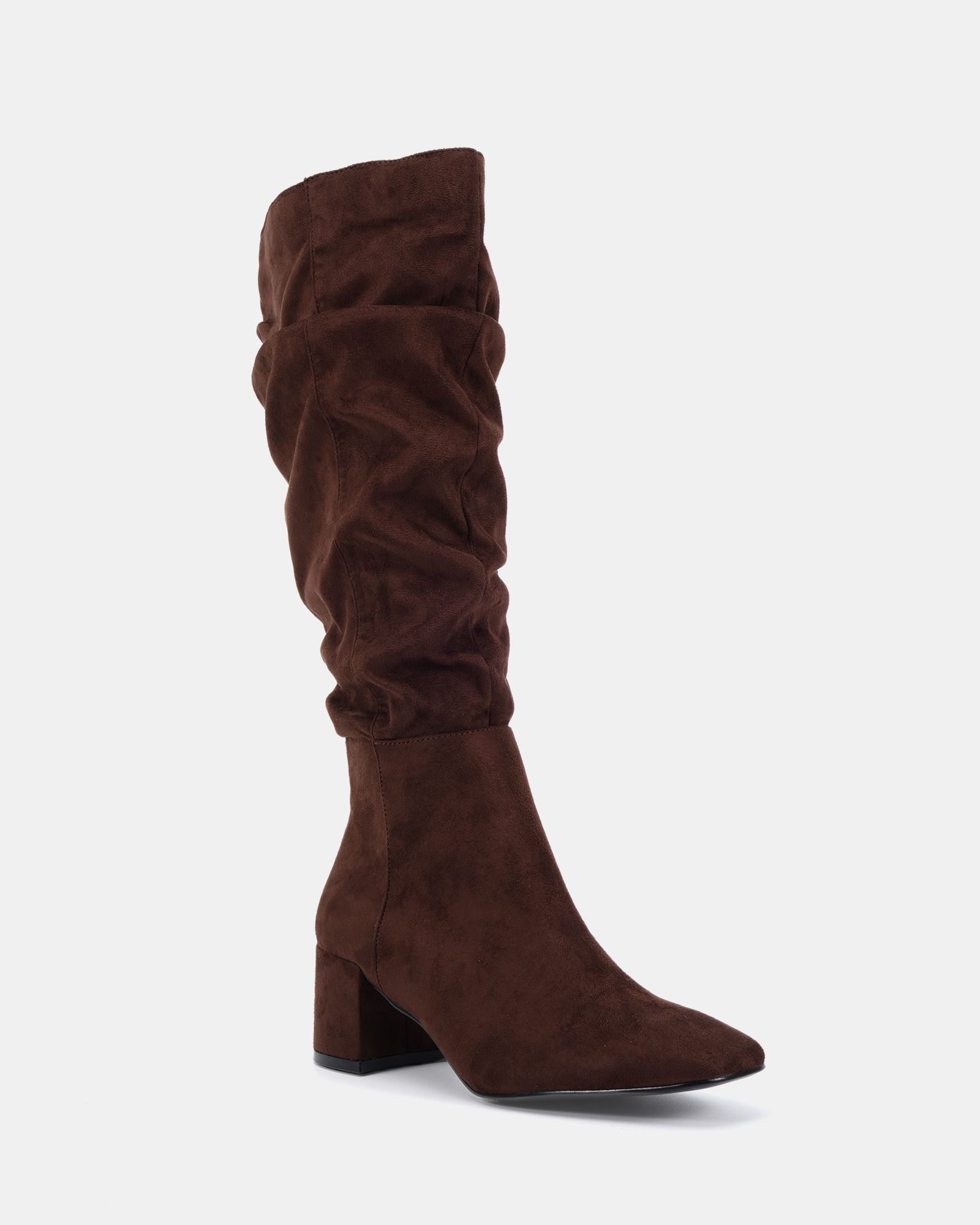 WIDE FIT GERI Brown Block Heel Square Toe Ruched Knee Boot