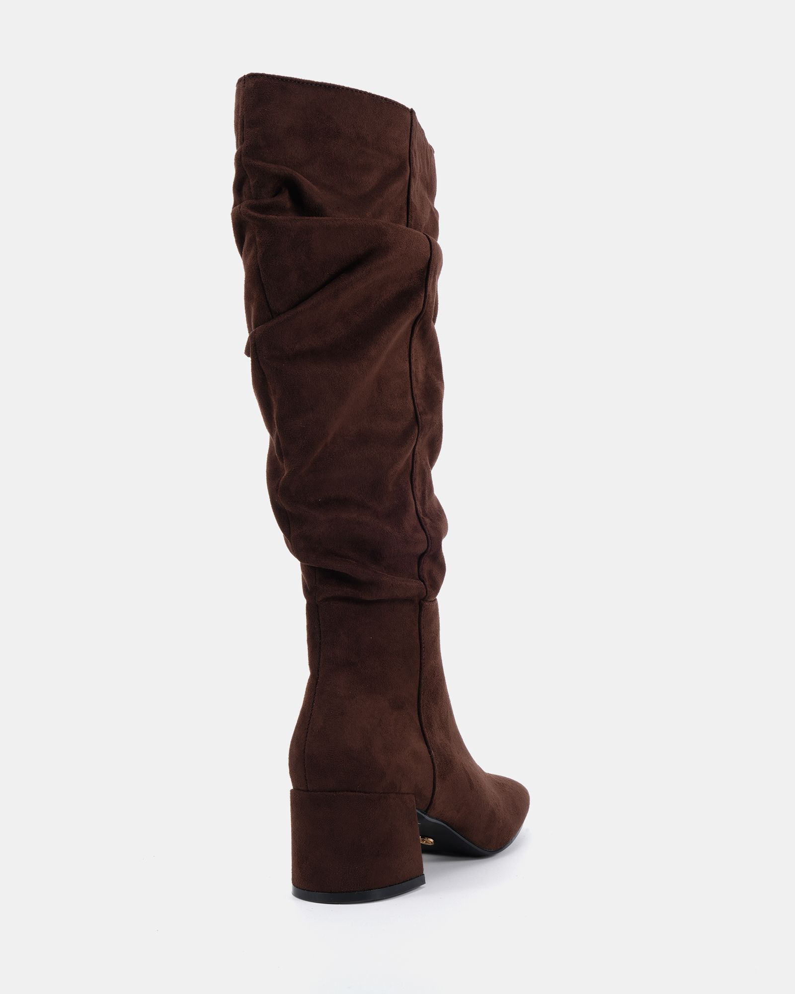 GERI Brown Block Heel Square Toe Ruched Knee Boot