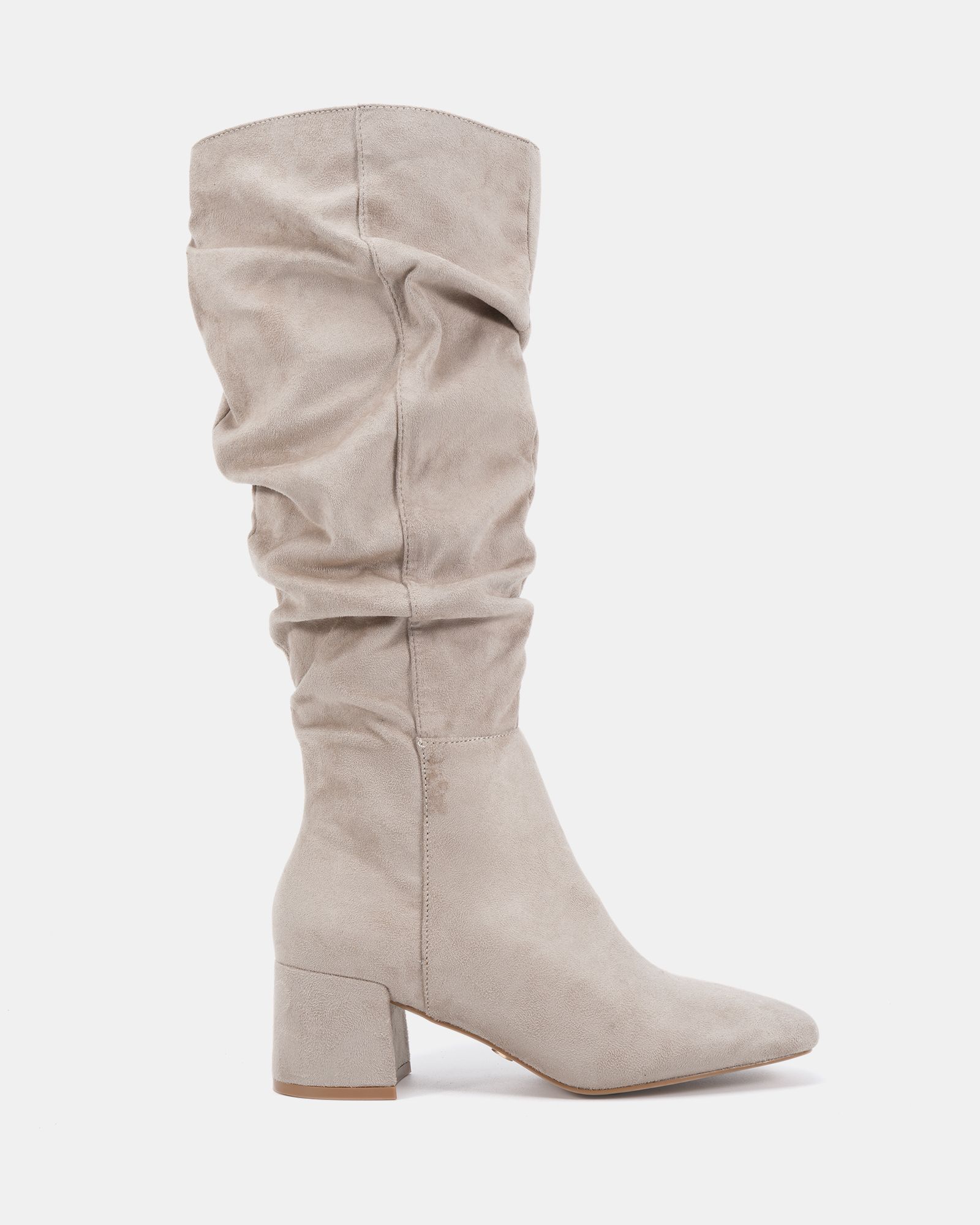 GERI Taupe Block Heel Square Toe Ruched Knee Boot