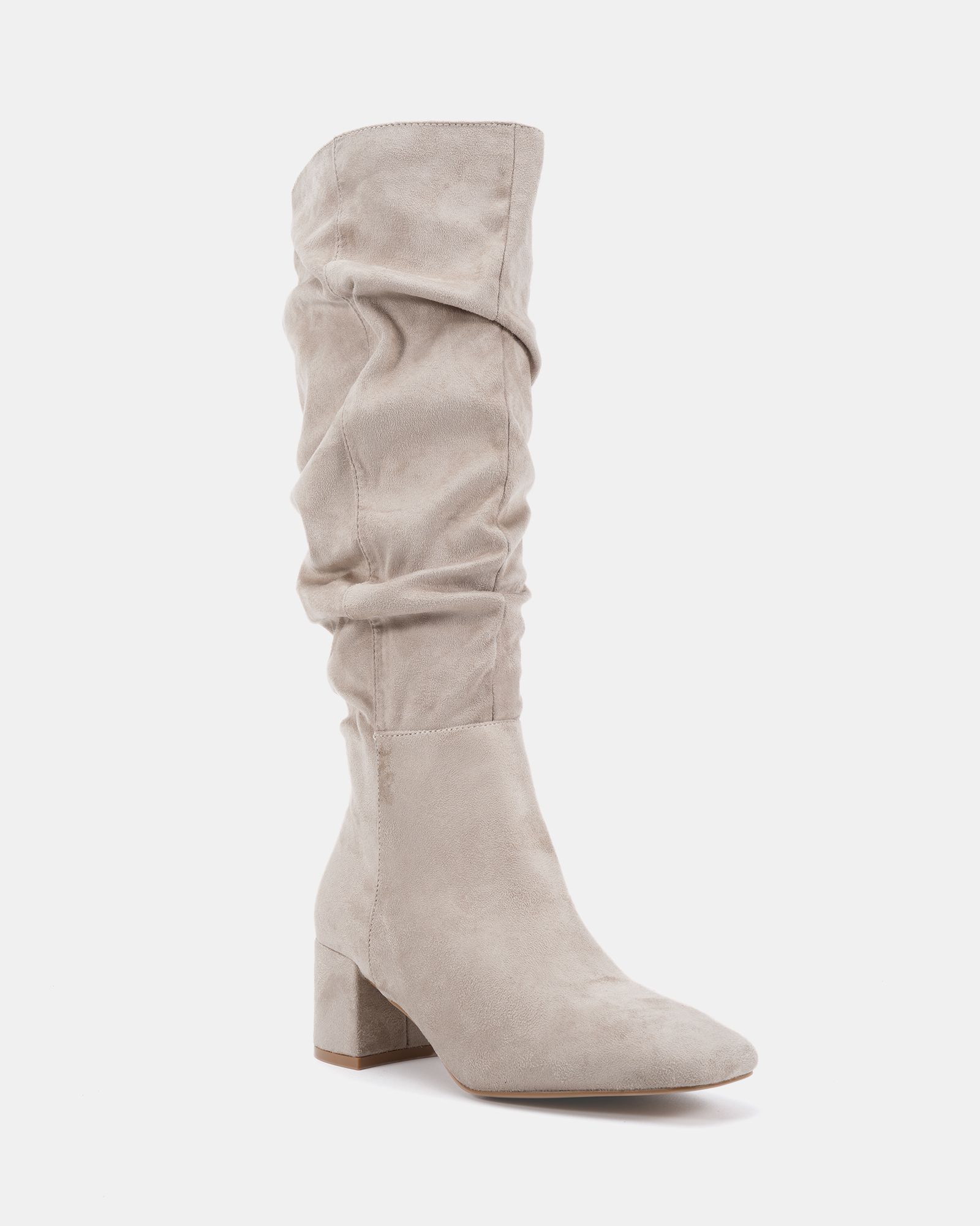 GERI Taupe Block Heel Square Toe Ruched Knee Boot