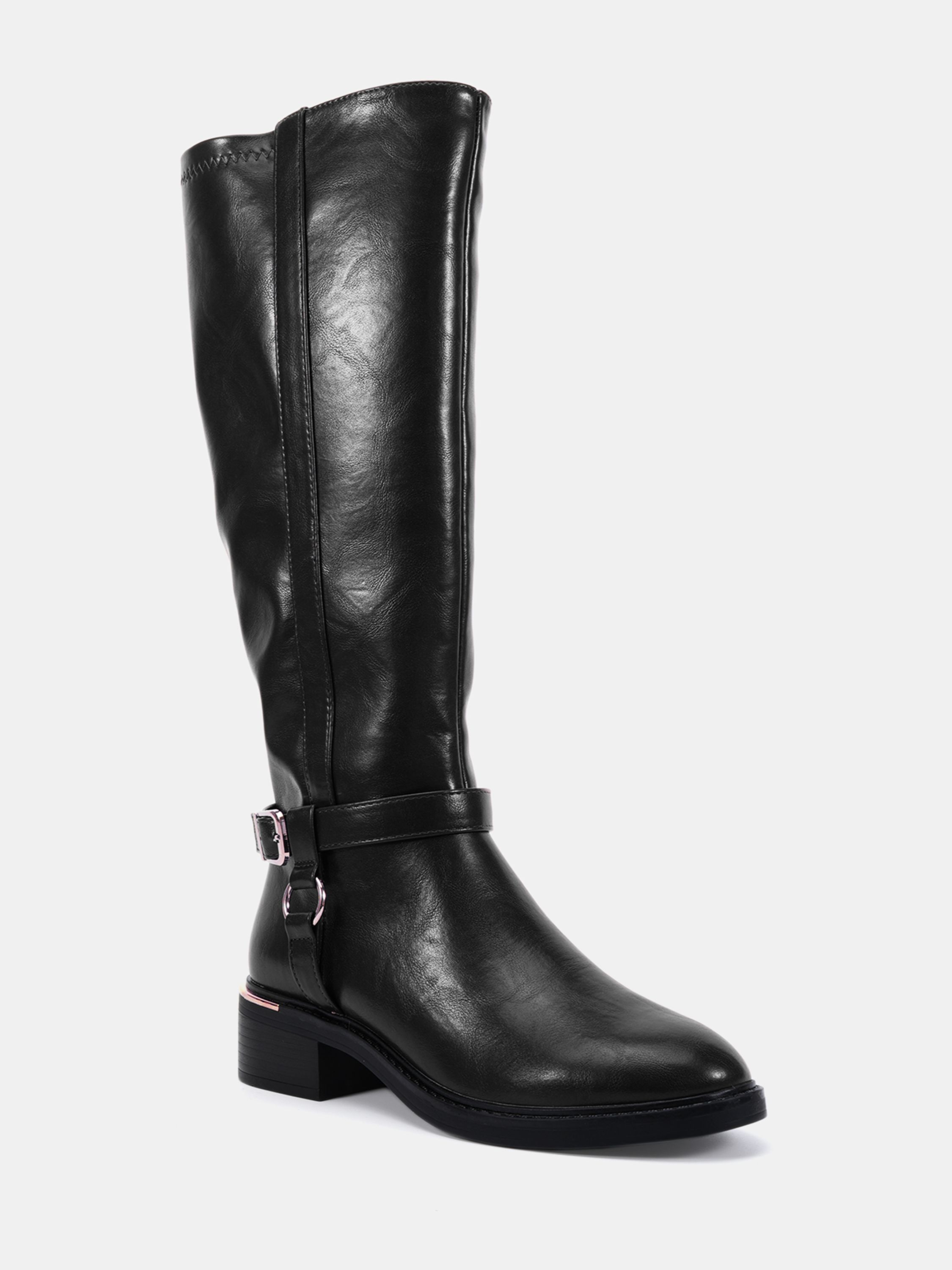 Wide Fit Goa Black Buckle Ring Detail Knee High Stretch Boot