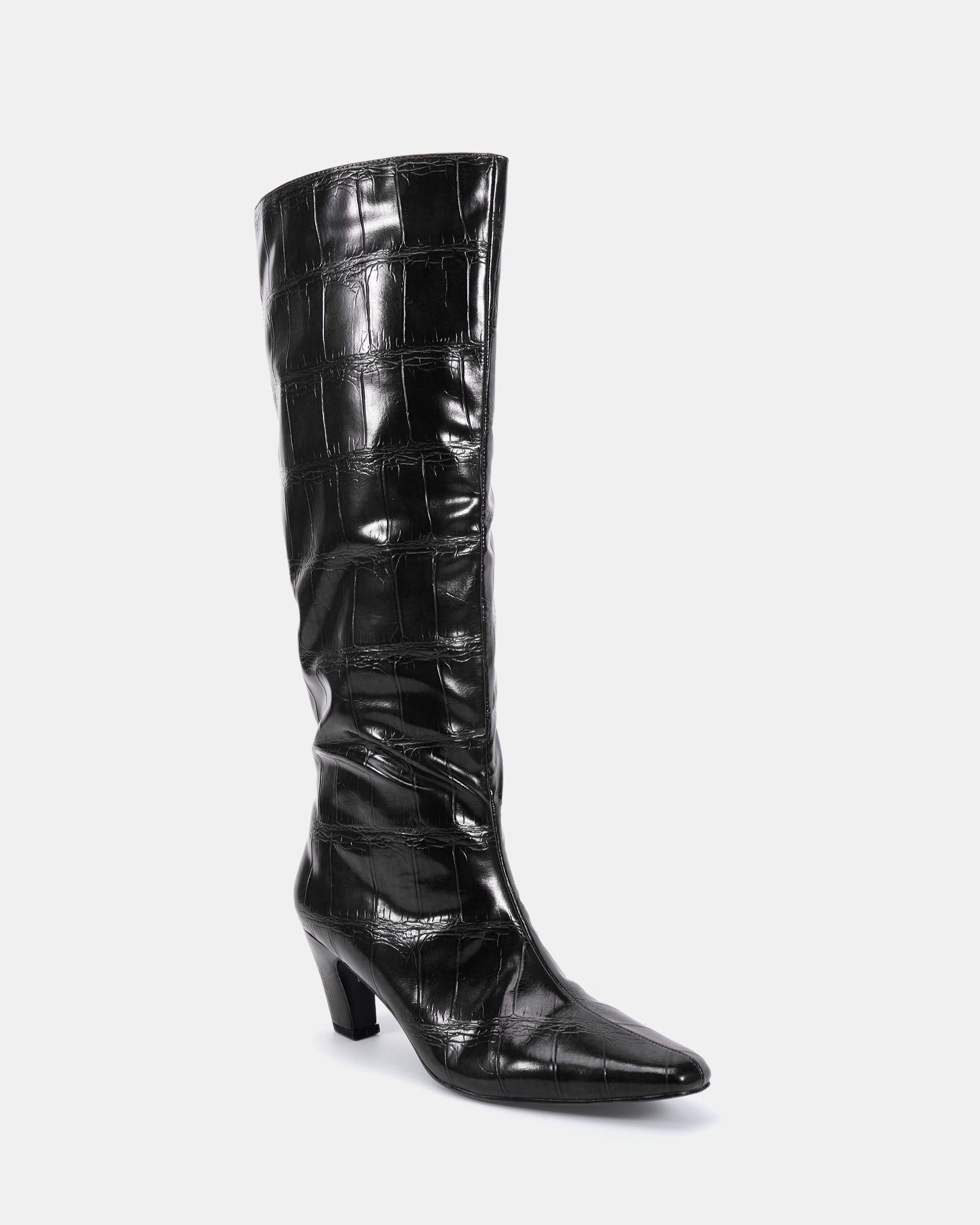 GRACELYN Black Curved Mid Heel Knee Boot