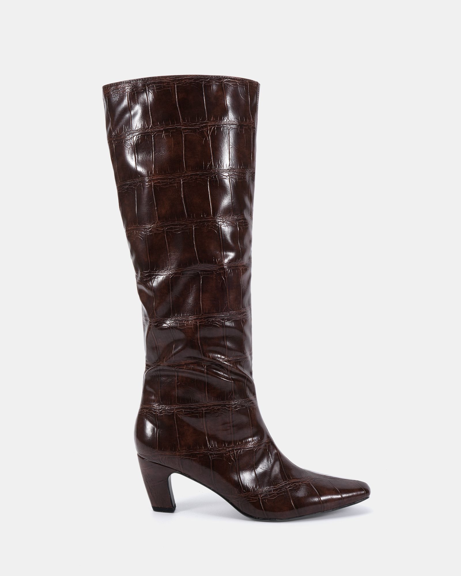 GRACELYN Brown Curved Mid Heel Knee Boot