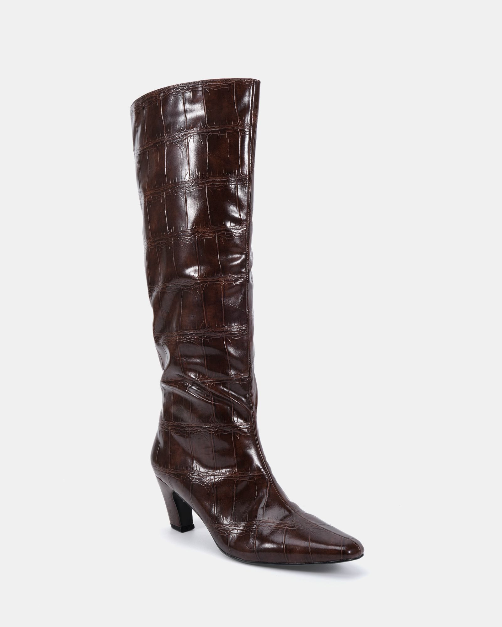 GRACELYN Brown Curved Mid Heel Knee Boot