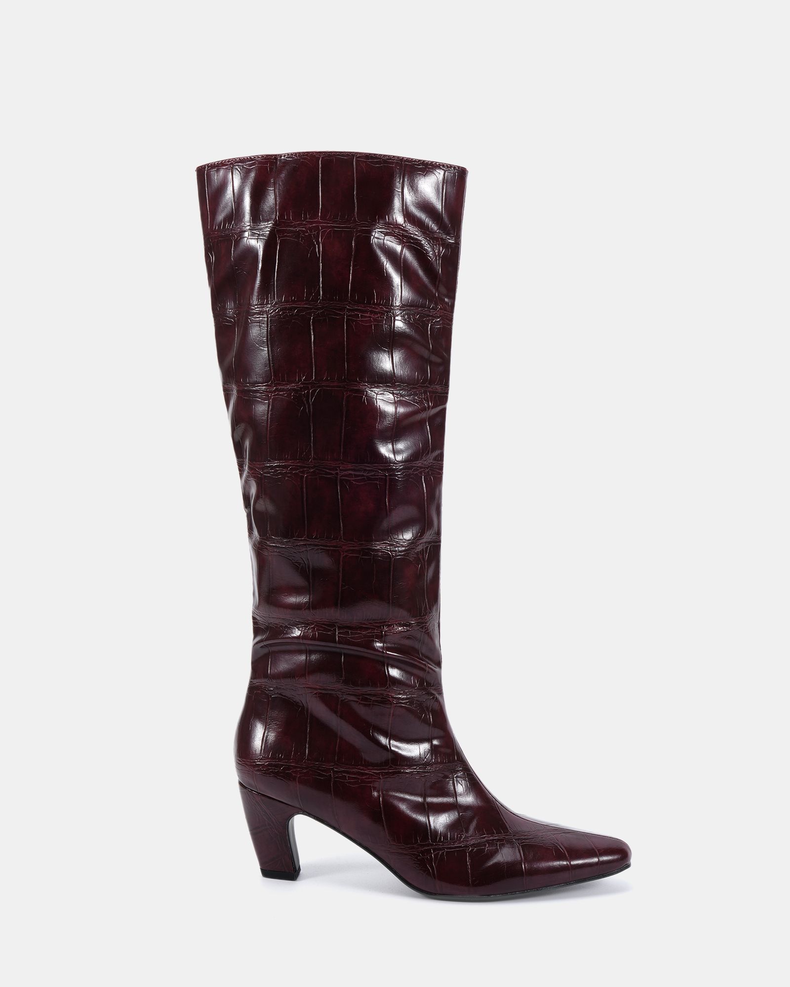 GRACELYN Burgundy Curved Mid Heel Knee Boot