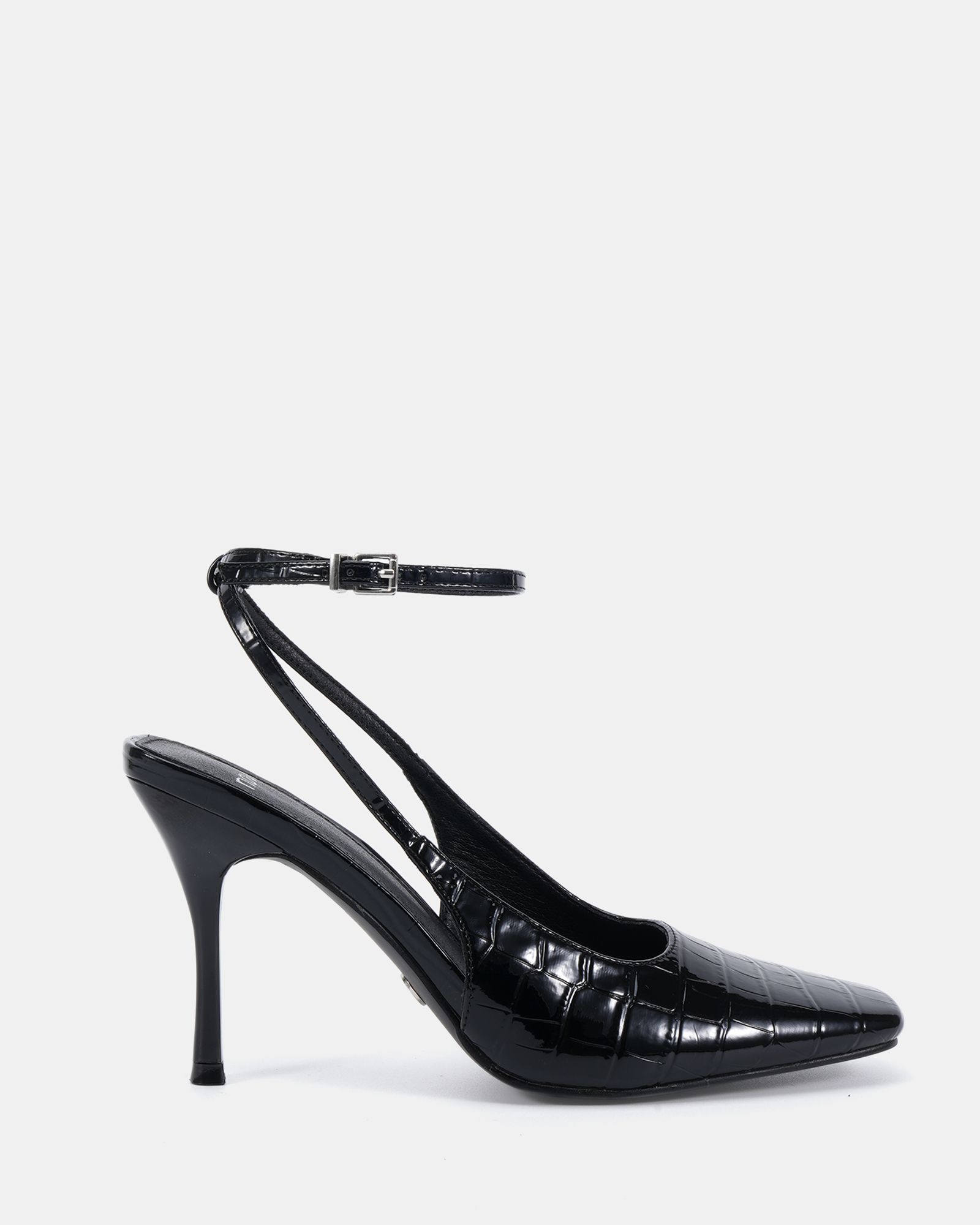 ICON Black Square Toe High Stiletto Slingback Ankle Strap Cou