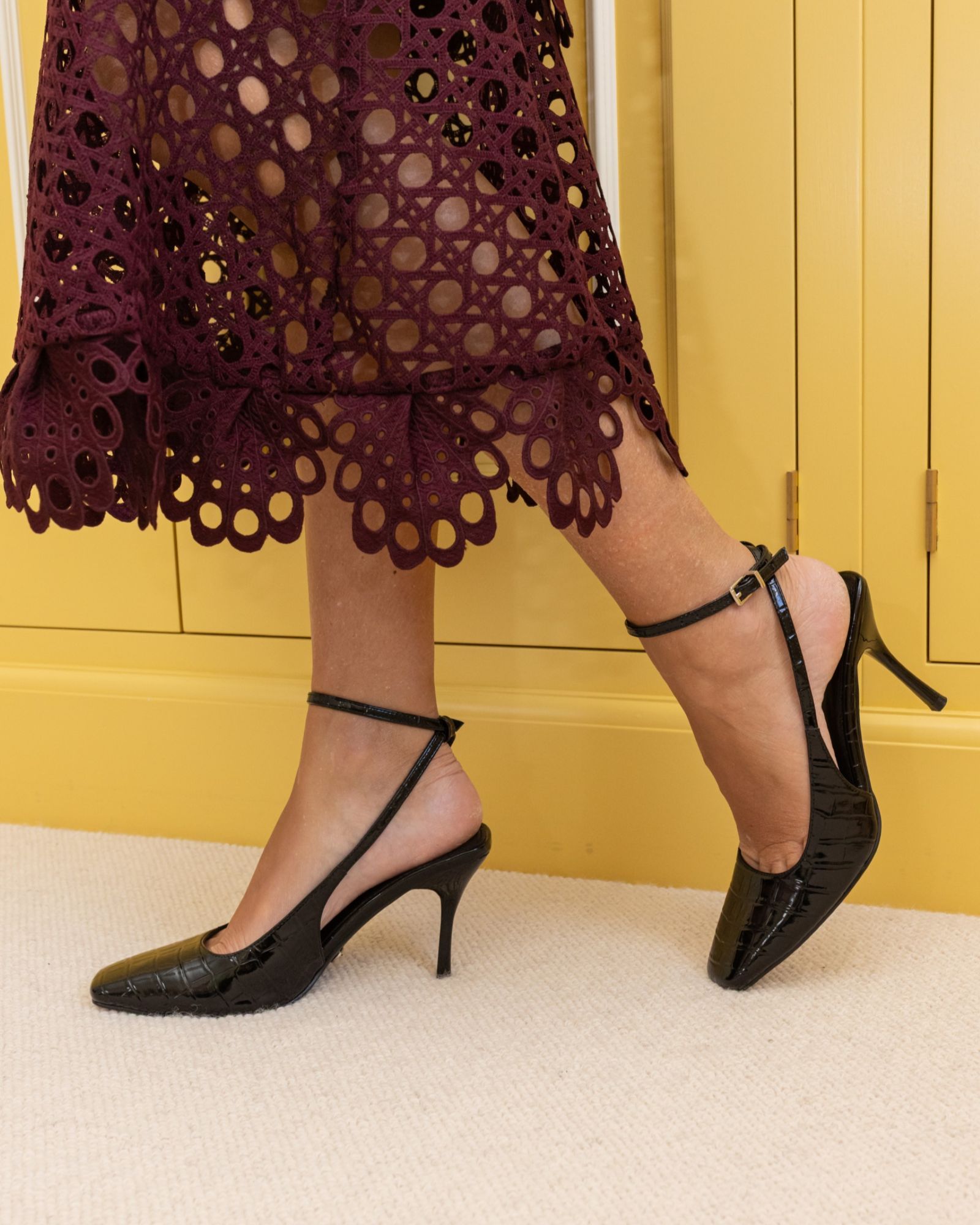 ICON Black Square Toe High Stiletto Slingback Ankle Strap Cou