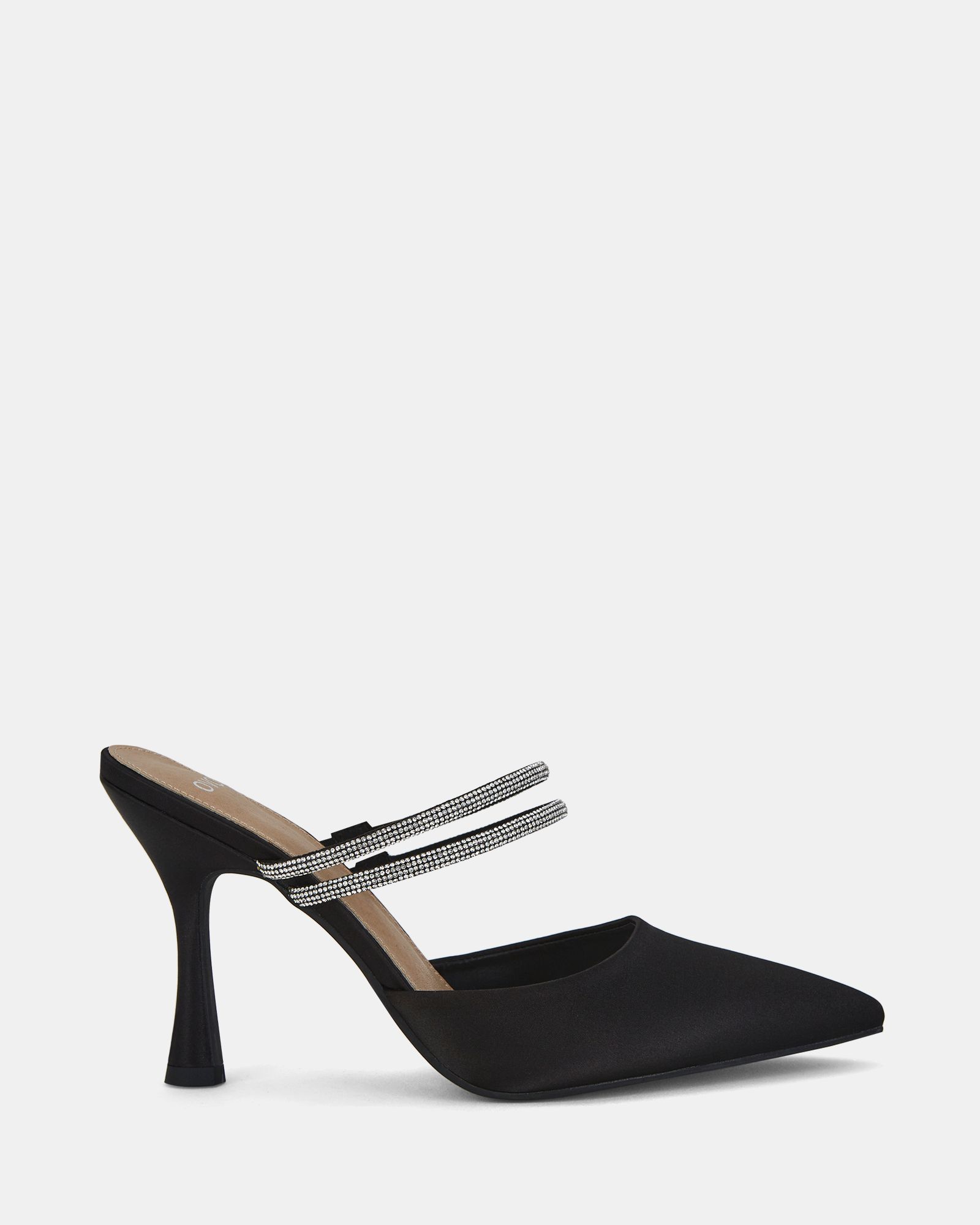 Idris Black Satin Diamante Point Toe Heeled Court Mules