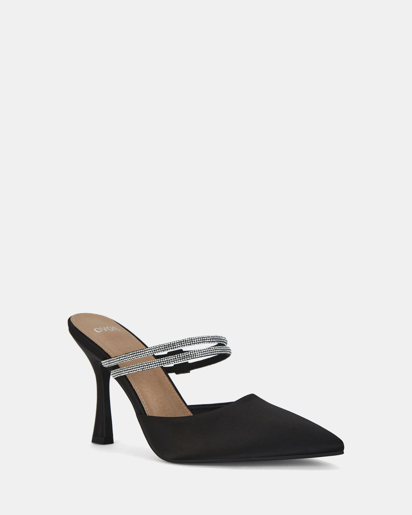 Idris Black Satin Diamante Point Toe Heeled Court Mules