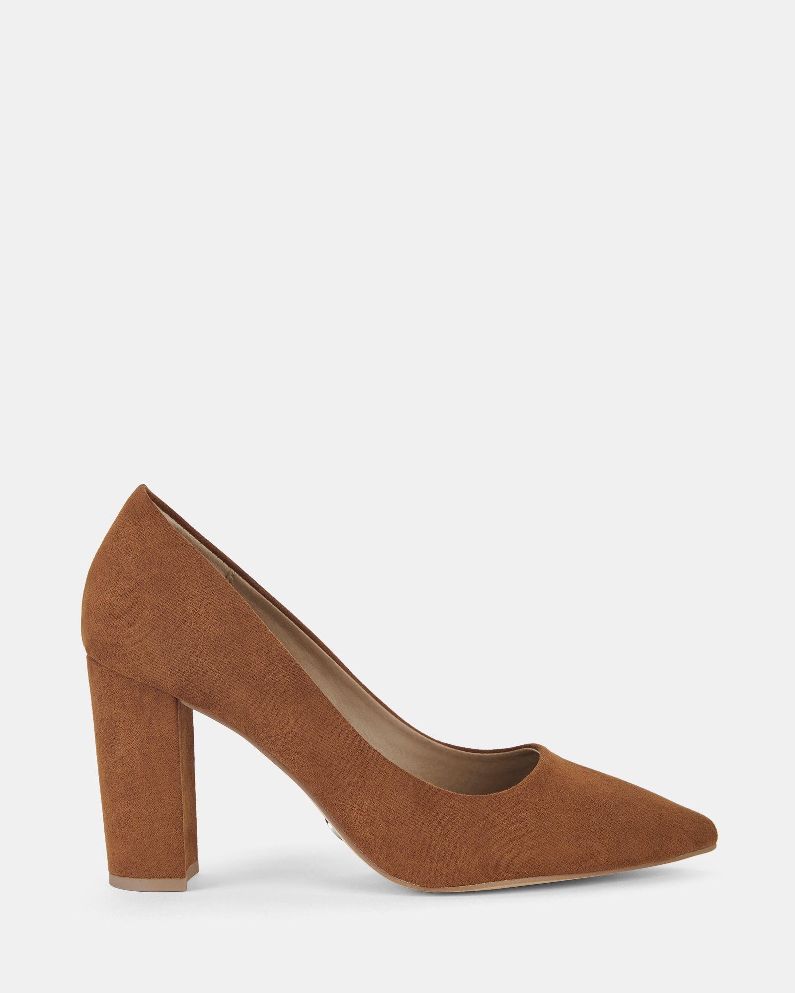 Illiana Tan Point Toe Block Heel Court Shoe