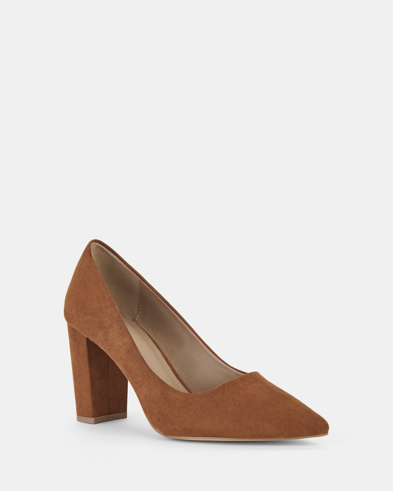 Illiana Tan Point Toe Block Heel Court Shoe