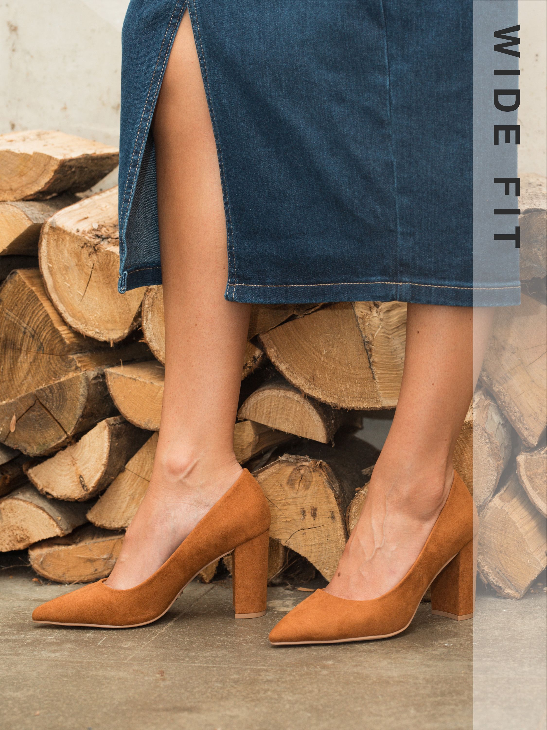 Wide Fit Illiana Tan Point Toe Block Heel Court Shoe