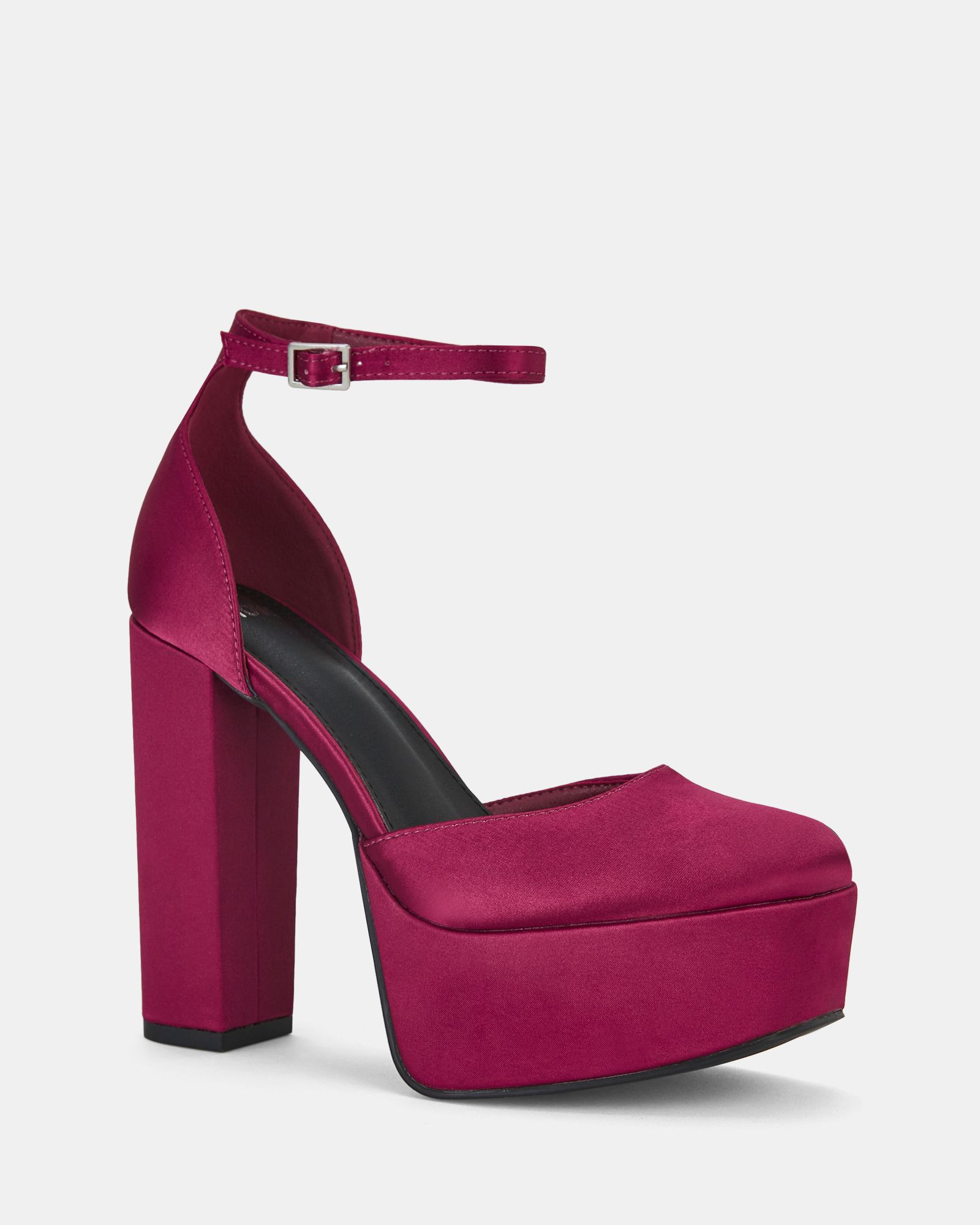 Illinois Burgundy Satin Block Heel Ankle Strap Platforms