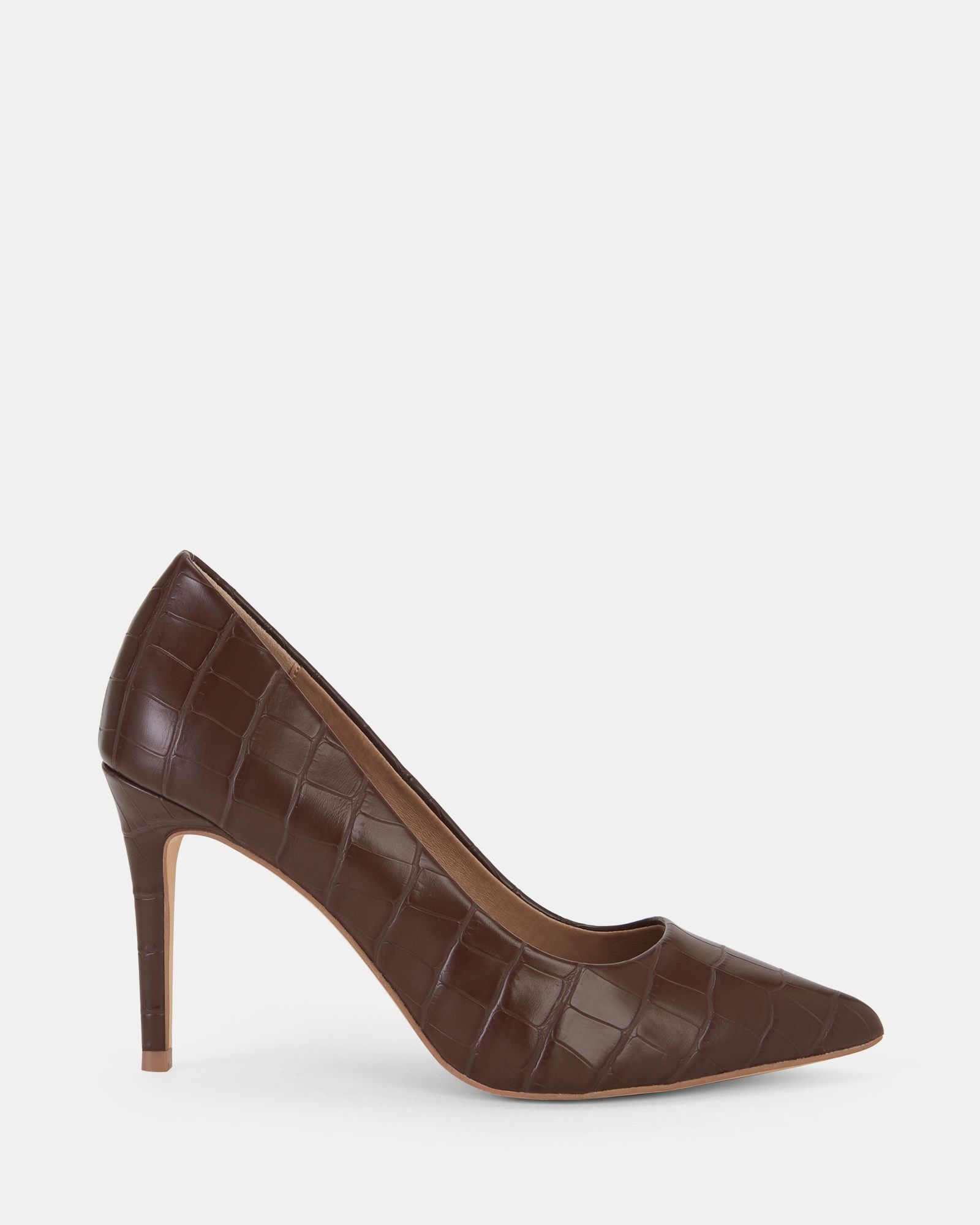 Impossible Chocolate Brown Faux Croc Point Stiletto Court Sho