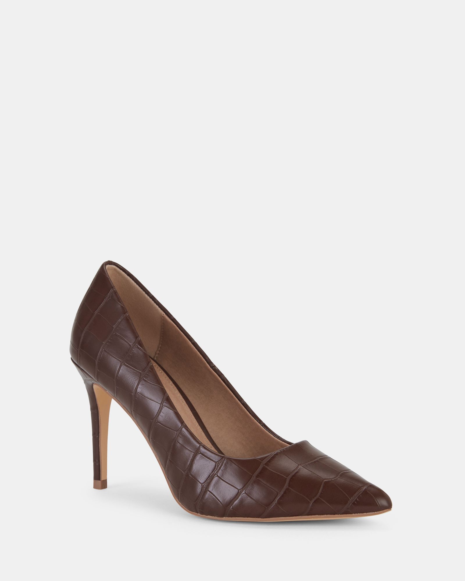Impossible Chocolate Brown Faux Croc Point Stiletto Court Sho