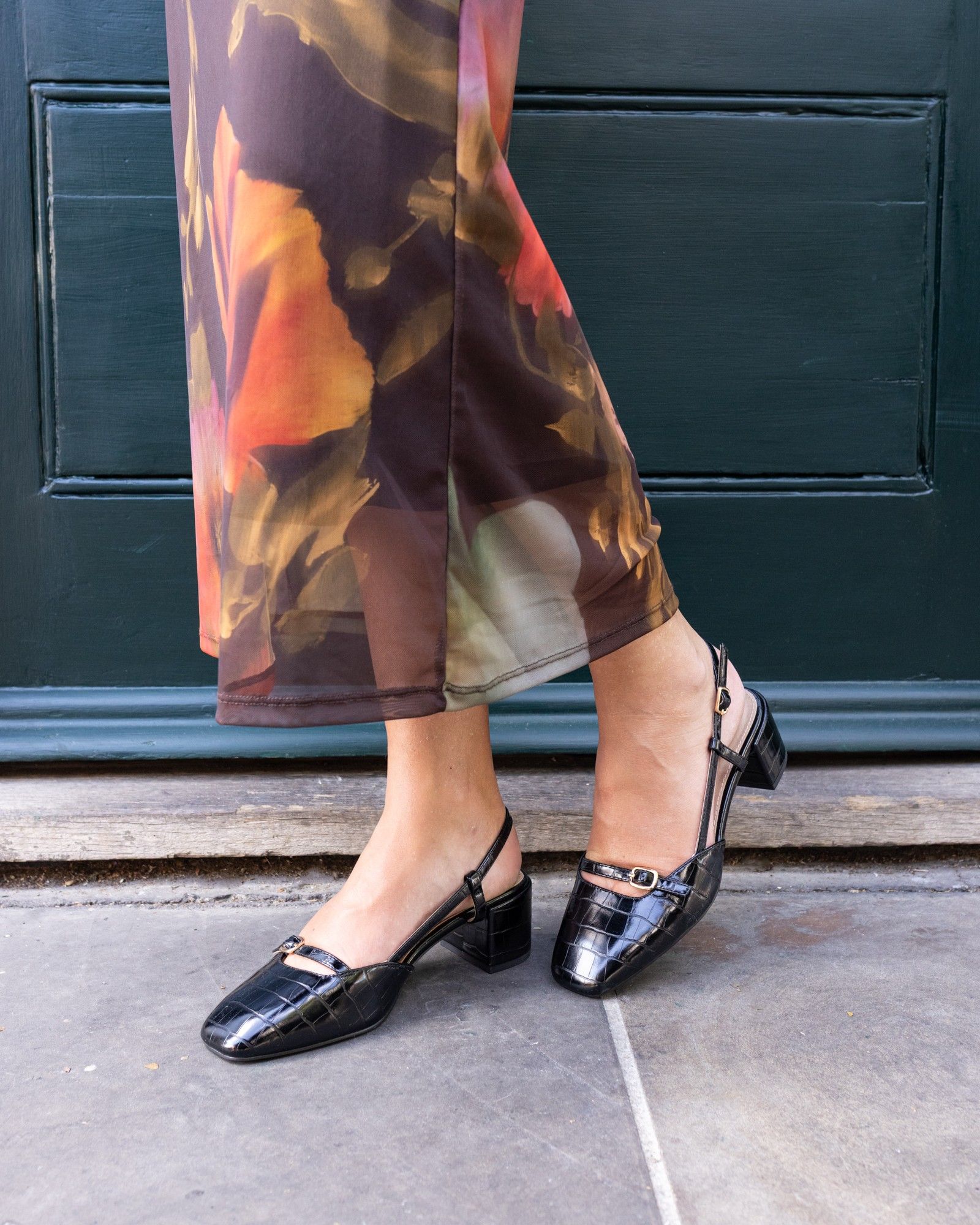 ISADORA Black Block Heel Mary Jane Slingback Court