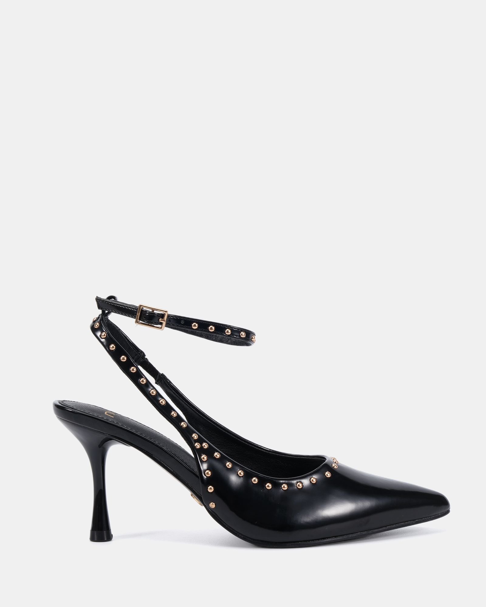WIDE FIT ITALIA Stud Detail Black Ankle Strap Point Court
