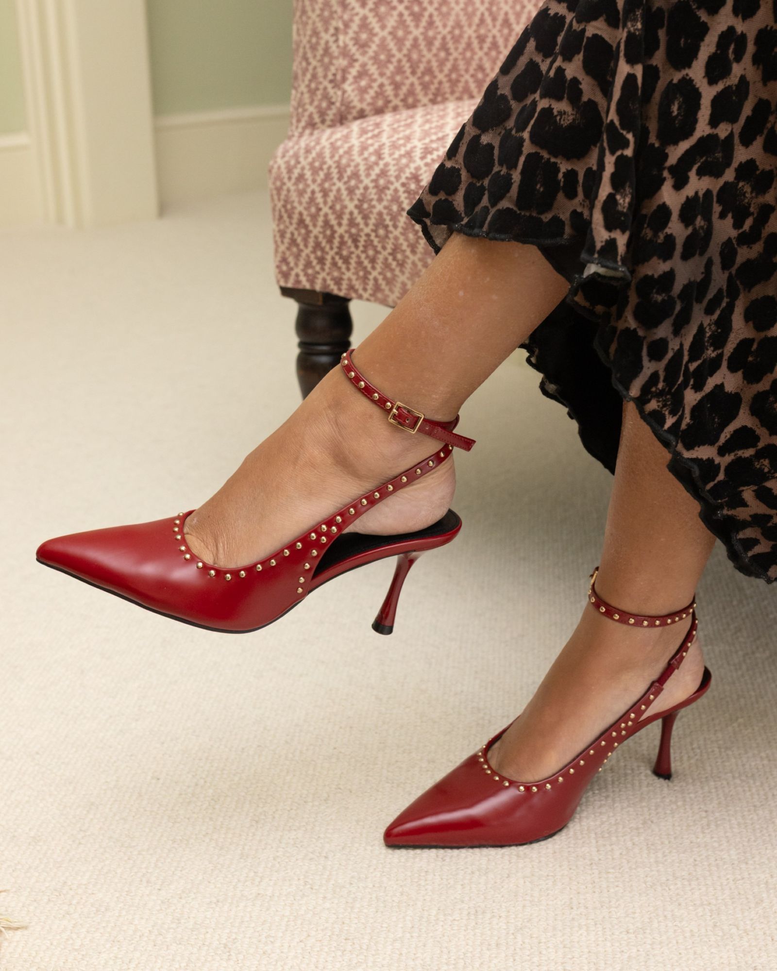 ITALIA Stud Detail Red Ankle Strap Point Court