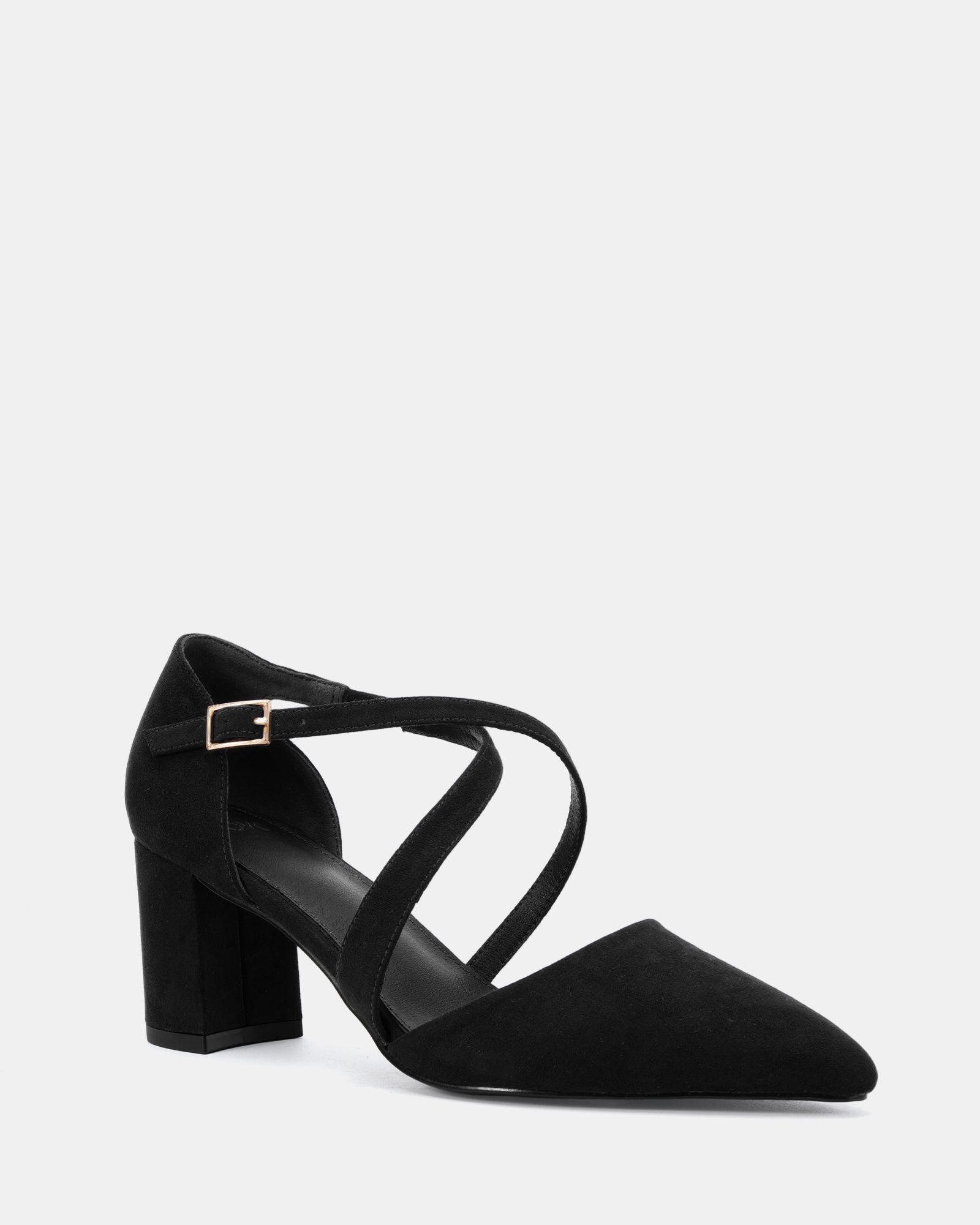 Wide Fit Ivanna Black Block Heel Cross Over Strap Point Court