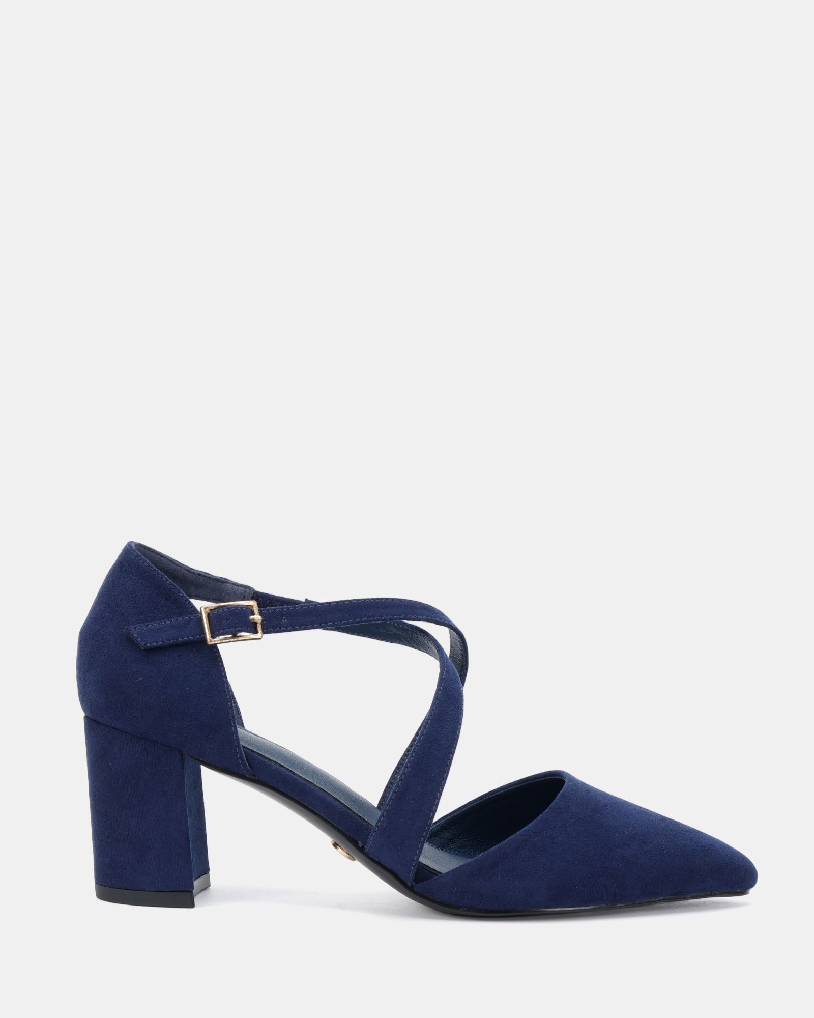 Wide Fit Ivanna Navy Block Heel Cross Over Strap Point Court