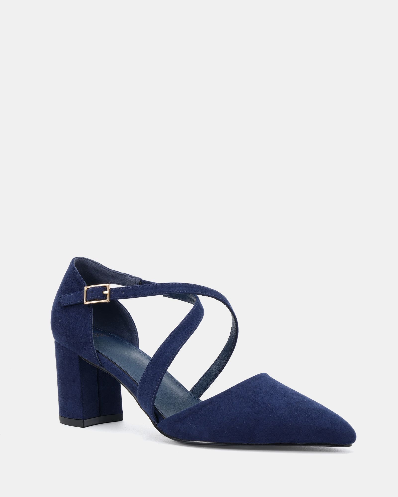 Ivanna Navy Block Heel Cross Over Strap Point Court
