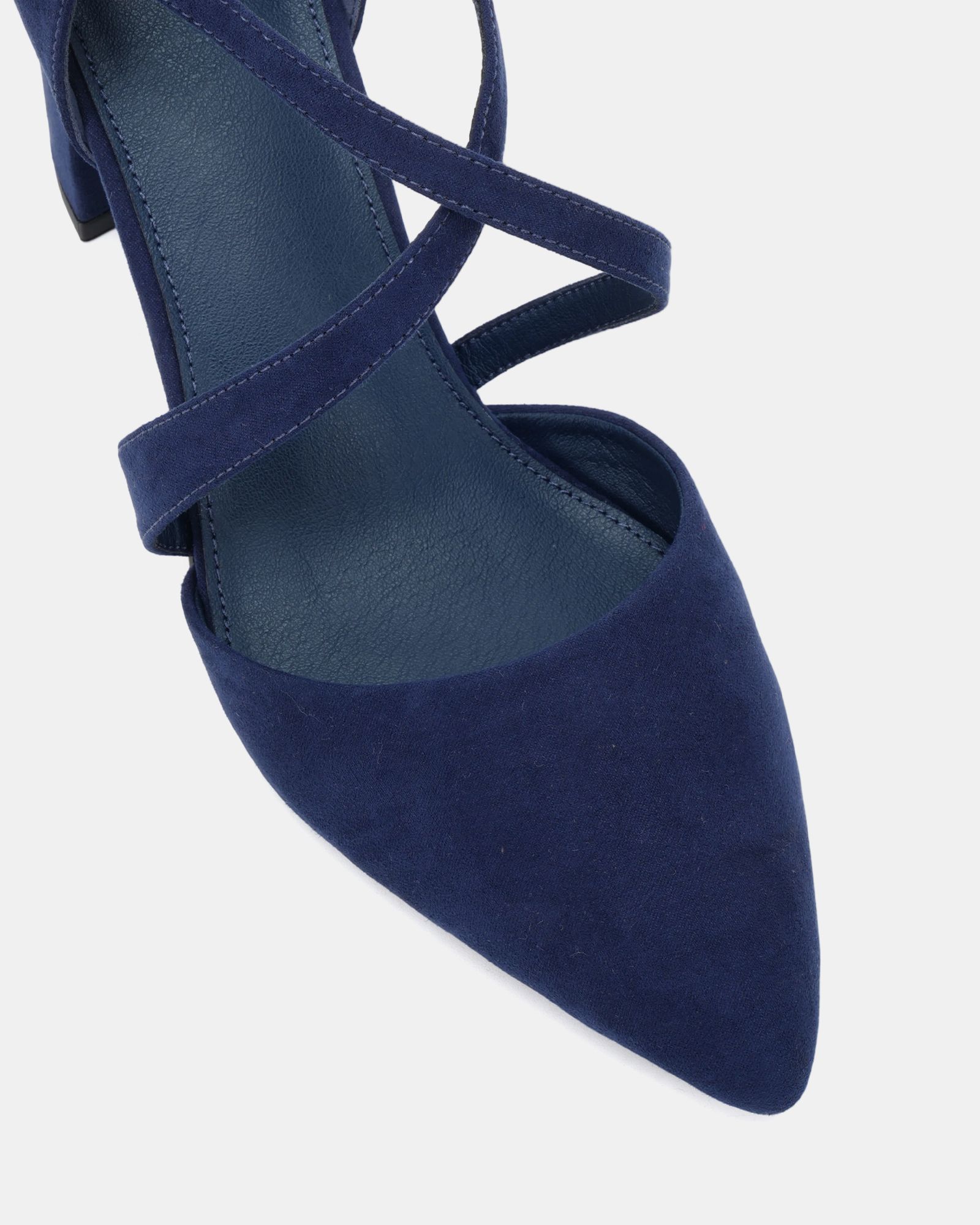 Wide Fit Ivanna Navy Block Heel Cross Over Strap Point Court