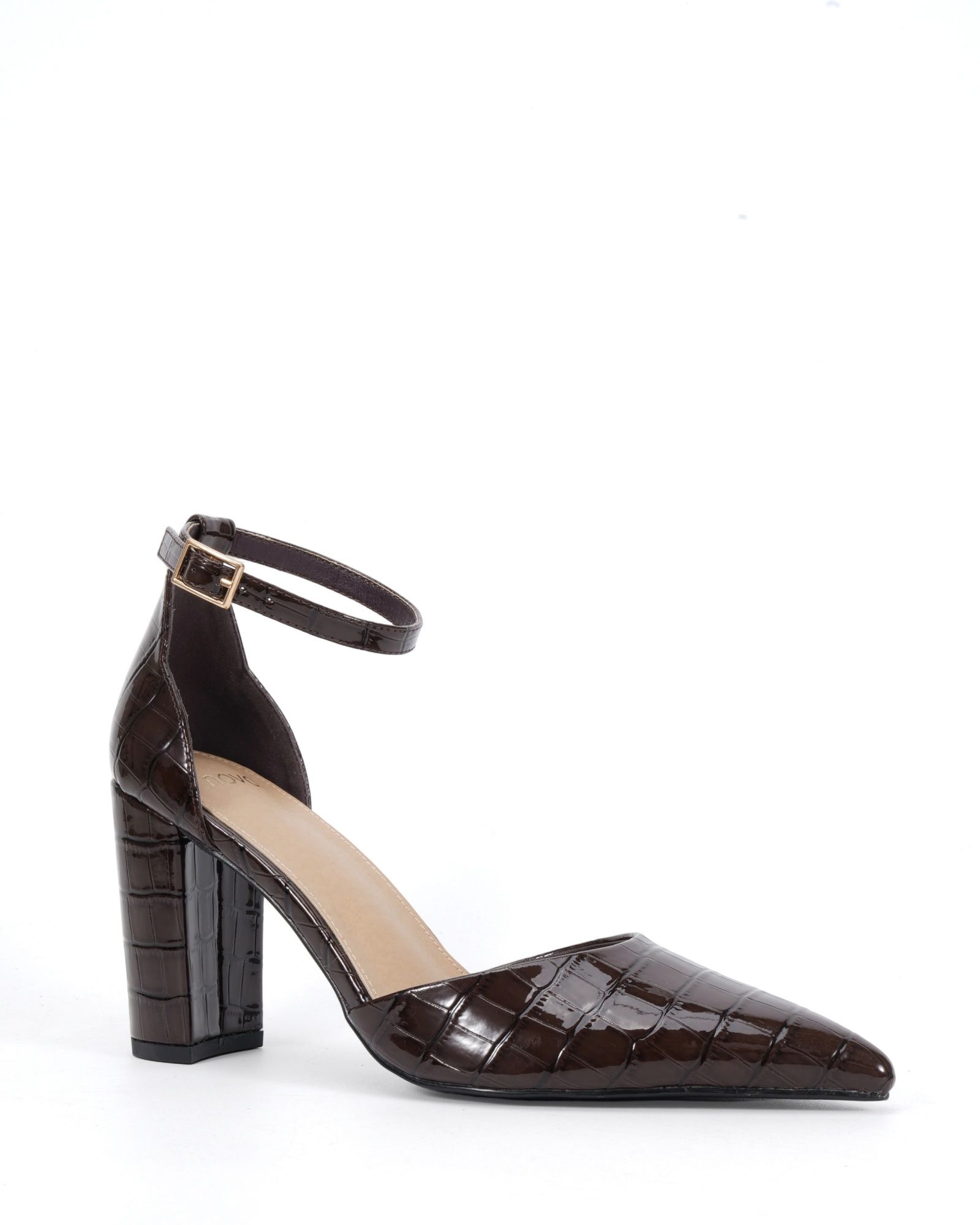 Wide Fit Ivar Brown Two Part Block Heel Point Toe Ankle Strap