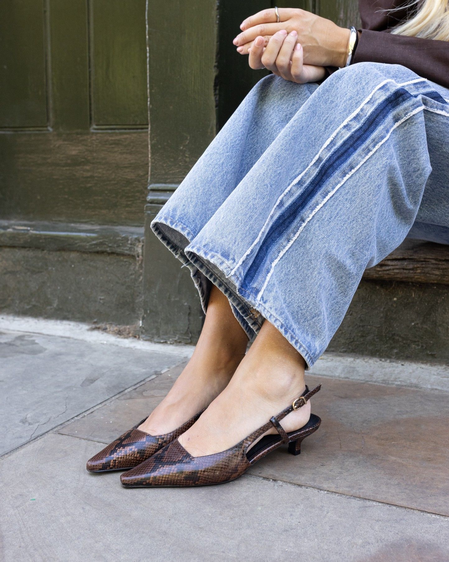 IZZY Brown Low Heel Slingback Point Court