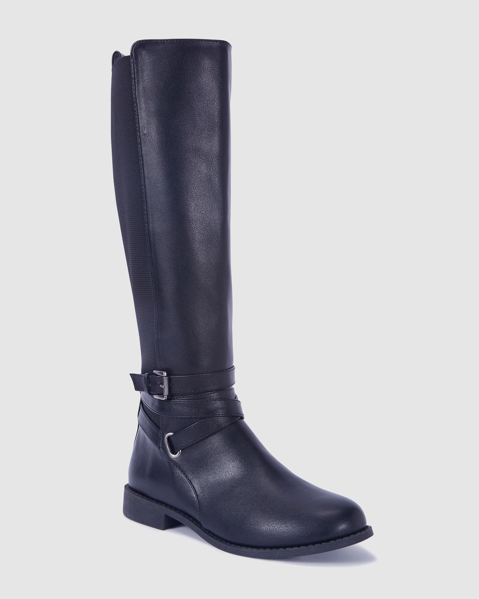 Jadine Black Knee High Buckle Detail Riding Boot