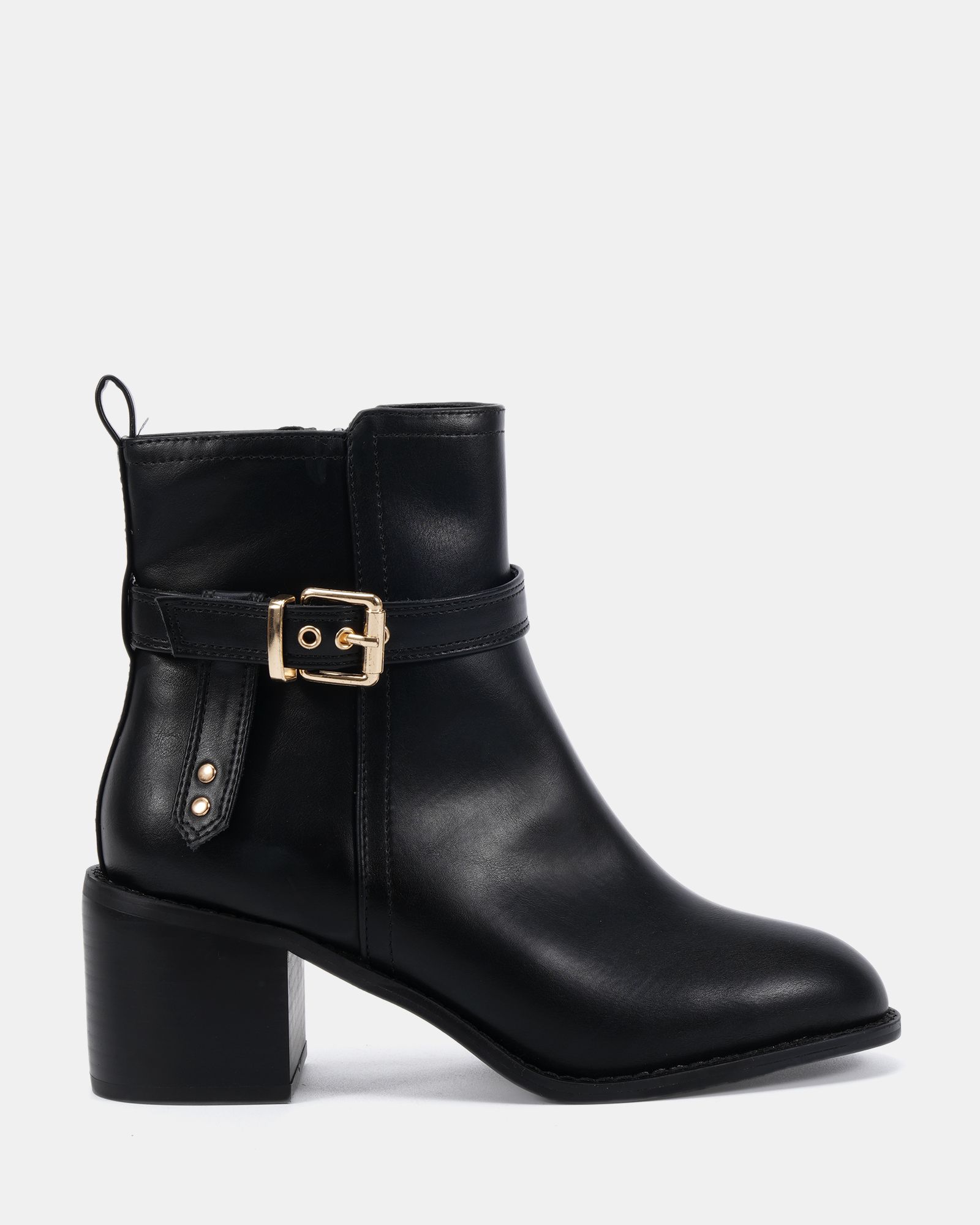 Jasmine Black Round Toe Block Heel Buckle Detail Ankle Boot