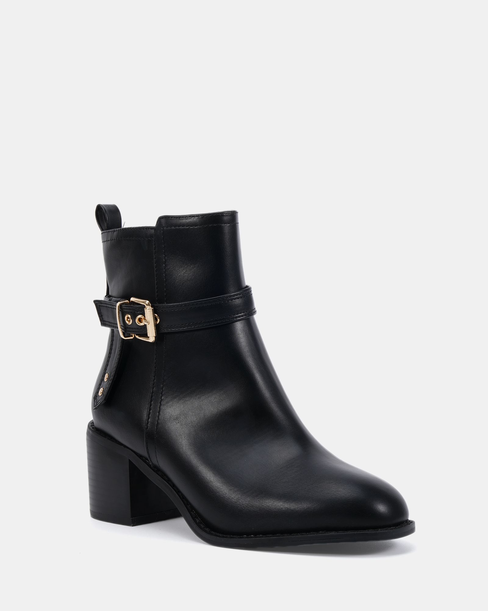 Jasmine Black Round Toe Block Heel Buckle Detail Ankle Boot