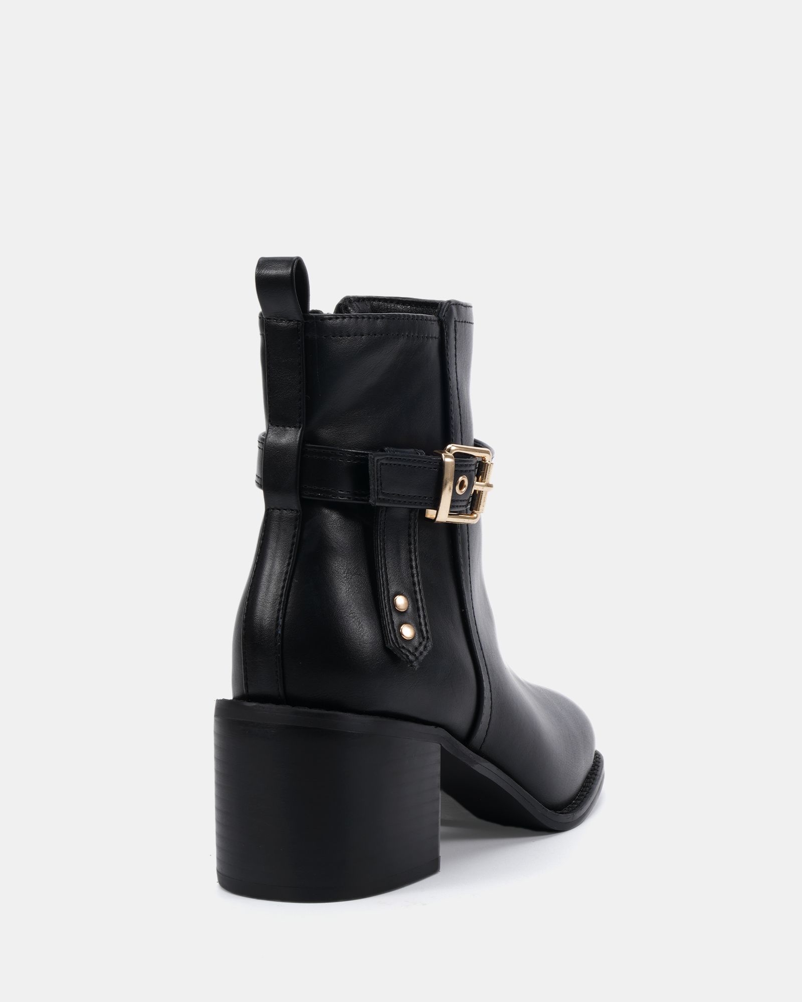 Jasmine Black Round Toe Block Heel Buckle Detail Ankle Boot