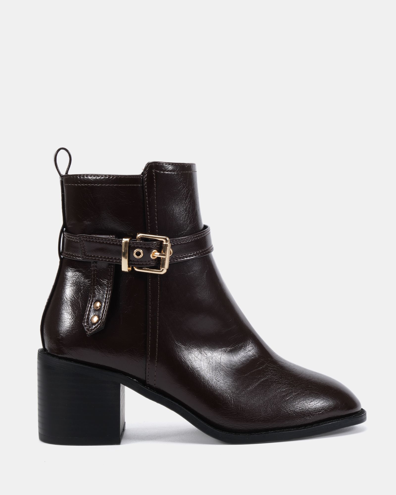 Jasmine Brown Round Toe Block Heel Buckle Detail Ankle Boot