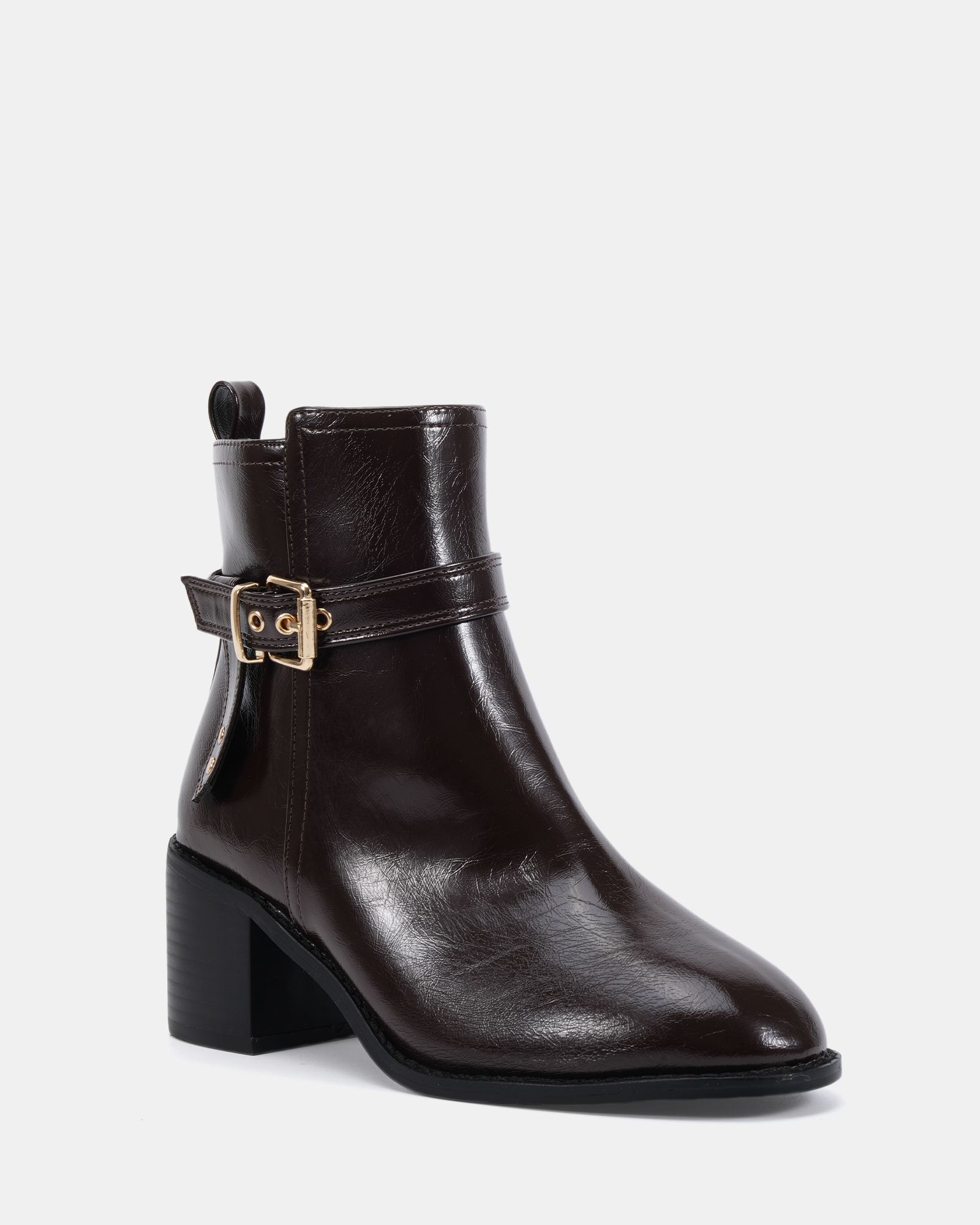 Jasmine Brown Round Toe Block Heel Buckle Detail Ankle Boot