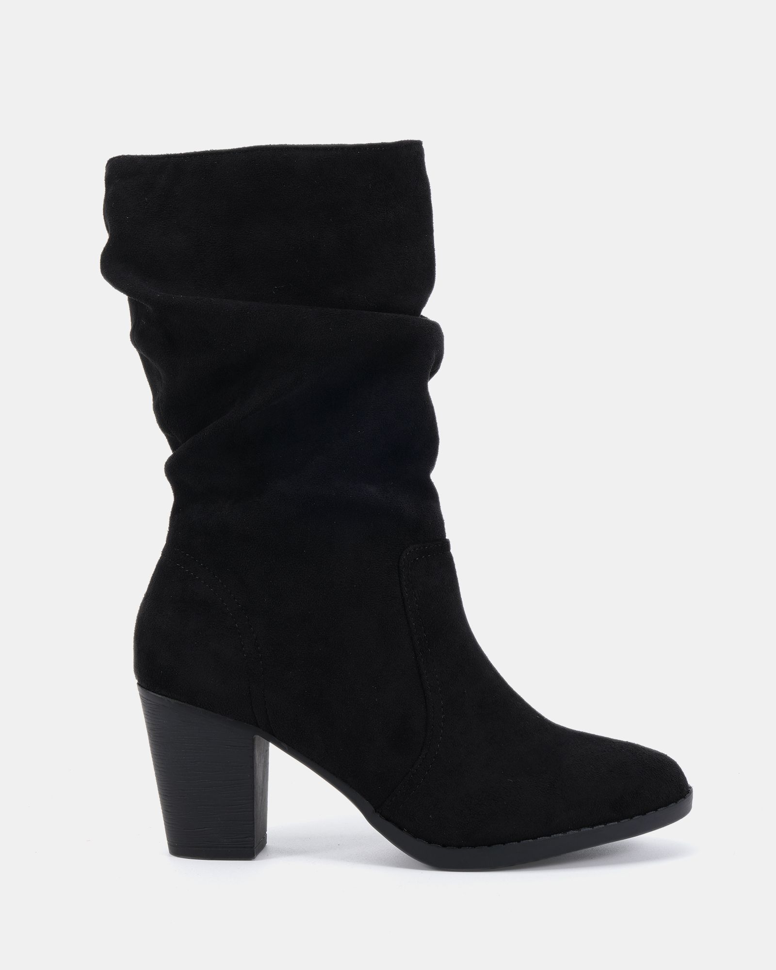 WIDE FIT JOANY Black Block Heel Slouch Ruched Ankle Boot