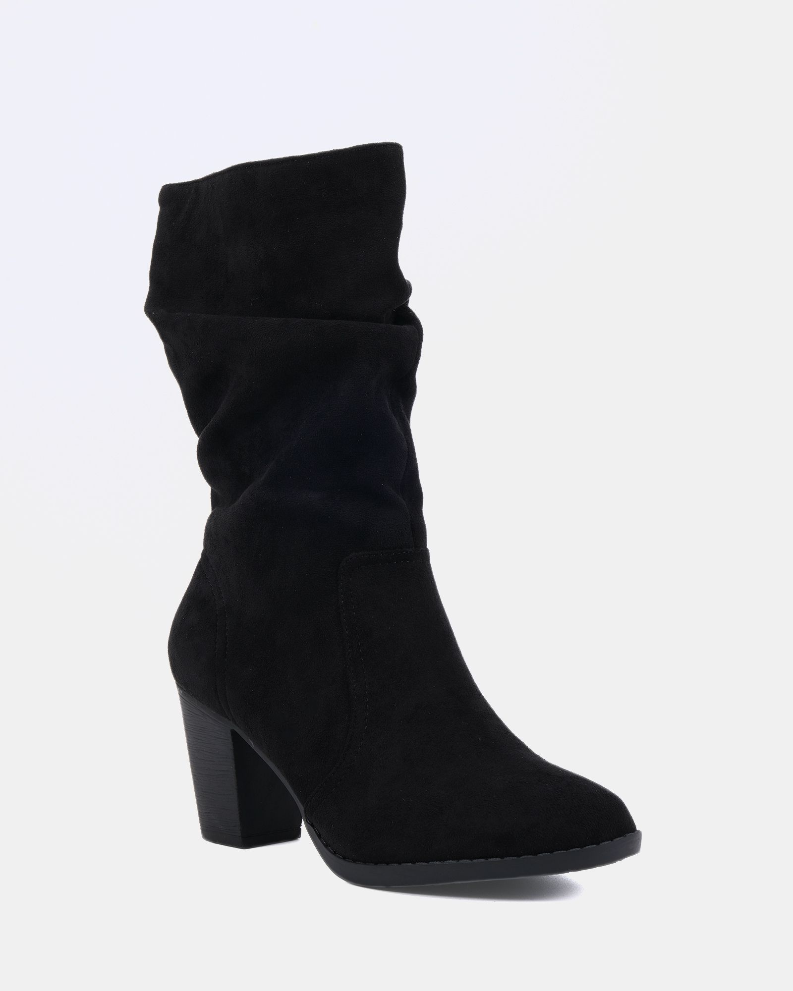 WIDE FIT JOANY Black Block Heel Slouch Ruched Ankle Boot