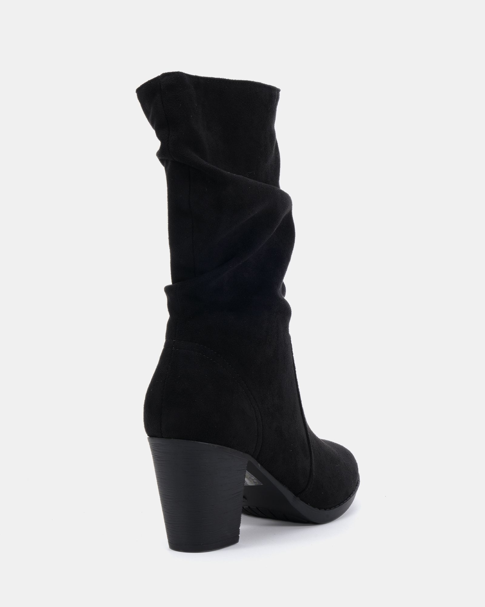 WIDE FIT JOANY Black Block Heel Slouch Ruched Ankle Boot