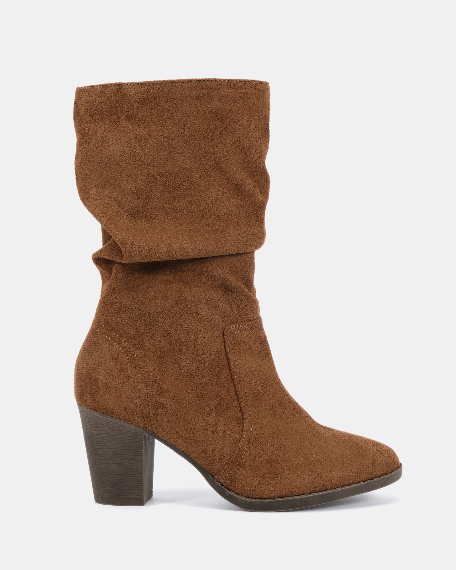 WIDE FIT JOANY Tan Block Heel Slouch Ruched Ankle Boot