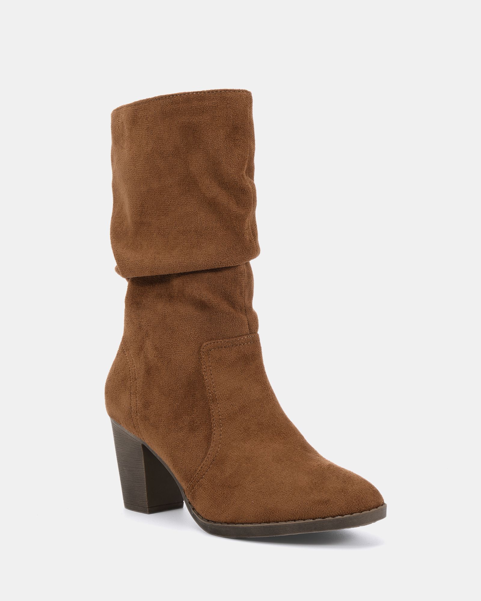 WIDE FIT JOANY Tan Block Heel Slouch Ruched Ankle Boot