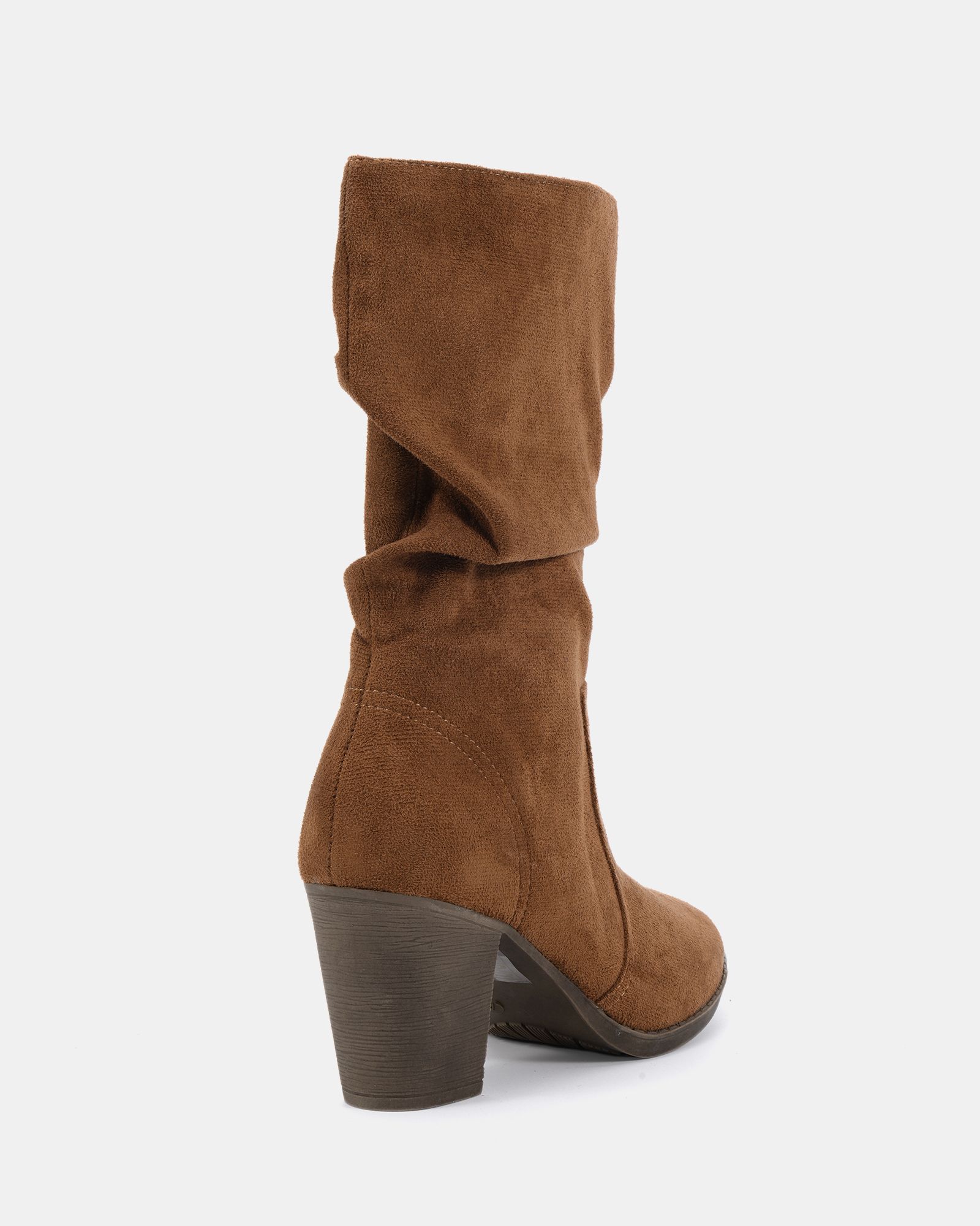 WIDE FIT JOANY Tan Block Heel Slouch Ruched Ankle Boot