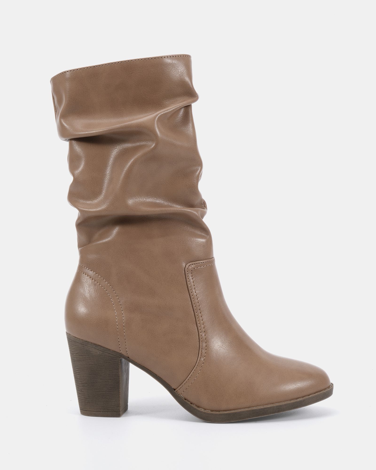 JOANY Taupe Block Heel Slouch Ruched Ankle Boot