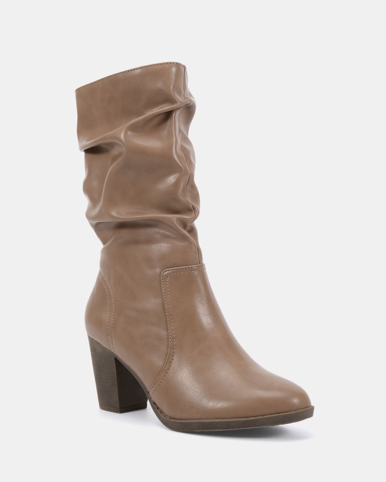 WIDE FIT JOANY Taupe Block Heel Slouch Ruched Ankle Boot
