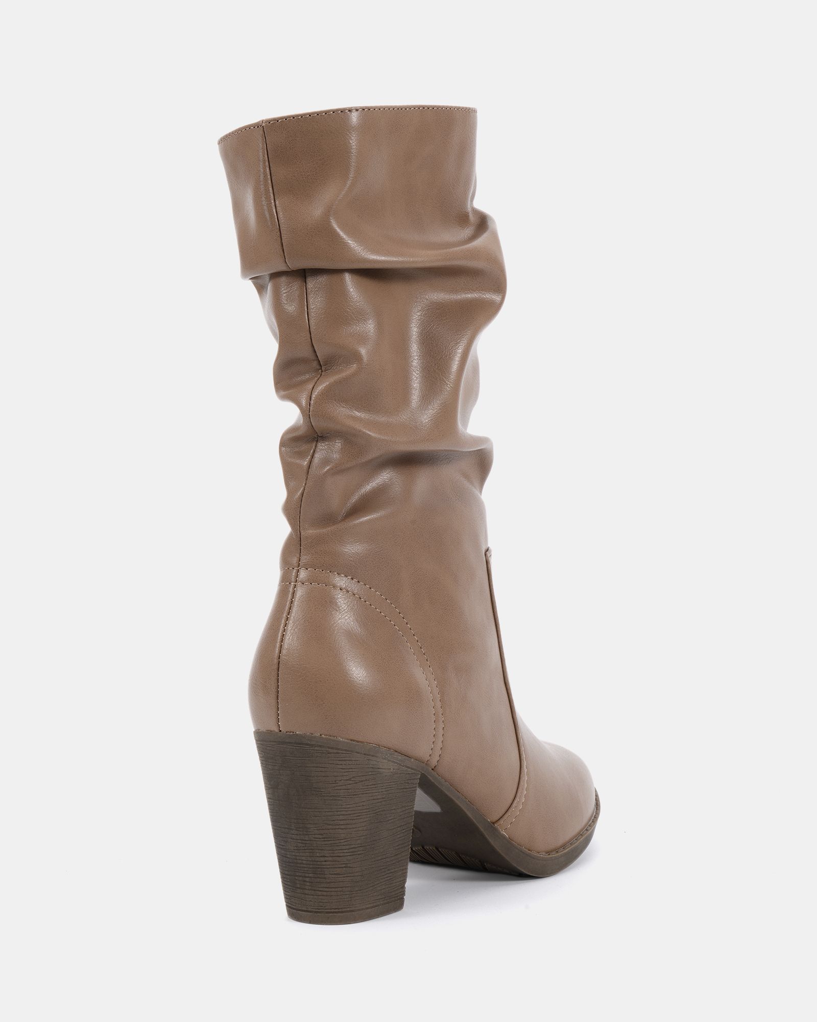 WIDE FIT JOANY Taupe Block Heel Slouch Ruched Ankle Boot