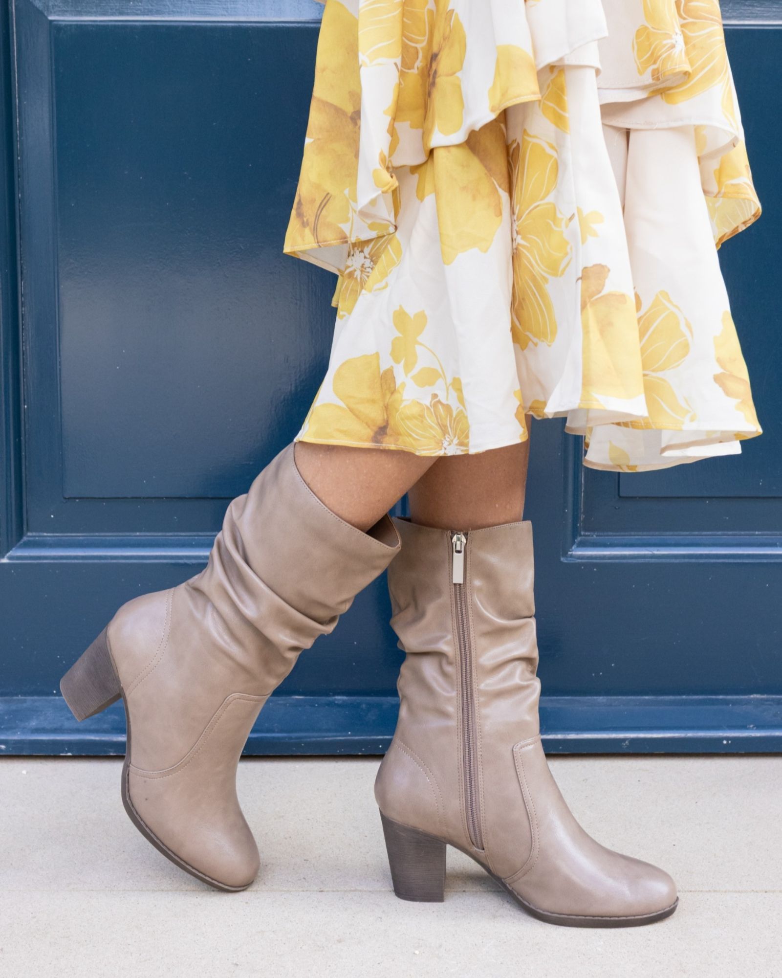 JOANY Taupe Block Heel Slouch Ruched Ankle Boot