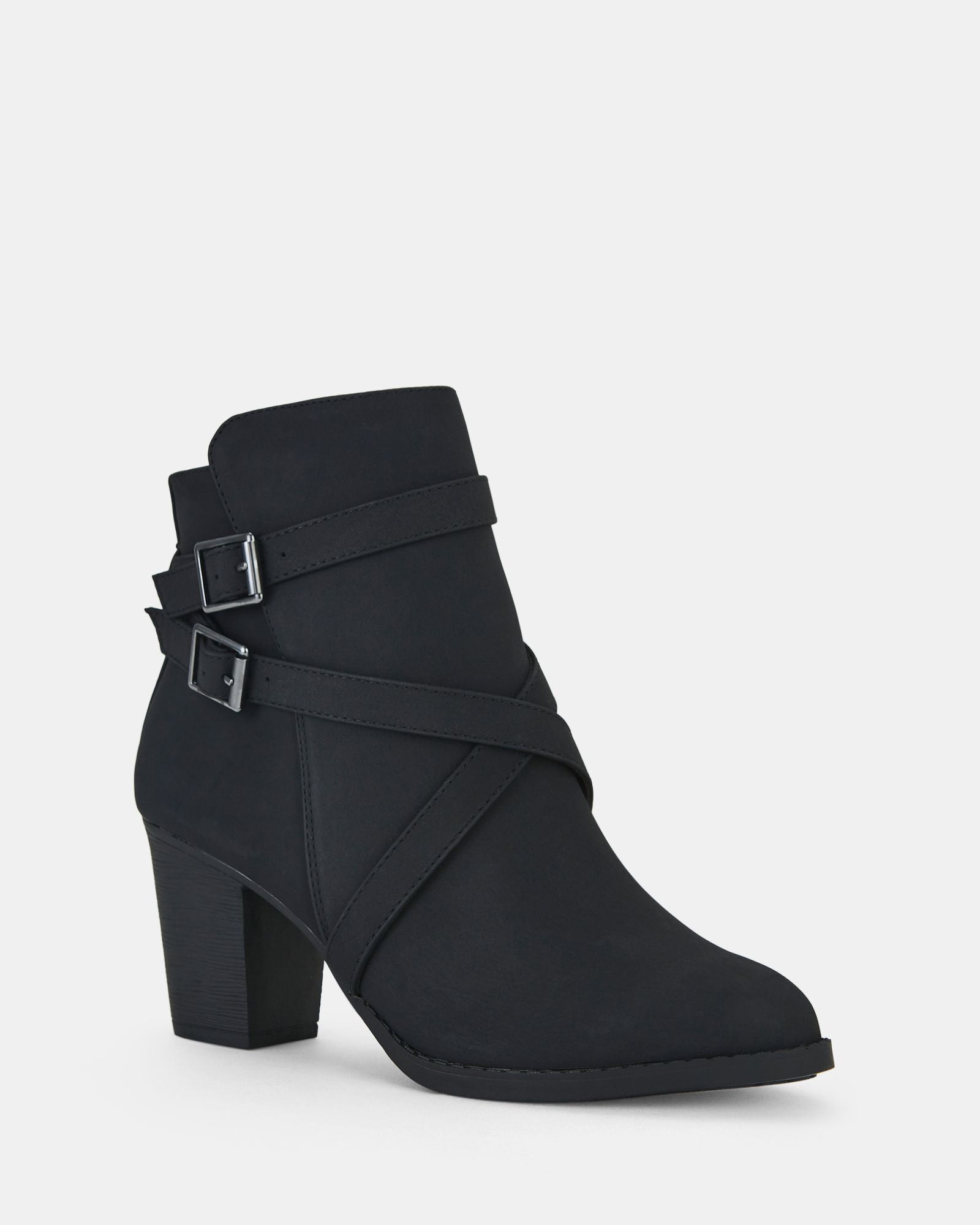 Wide Fit Jorgie Black Buckle Mid Heel Ankle Boot