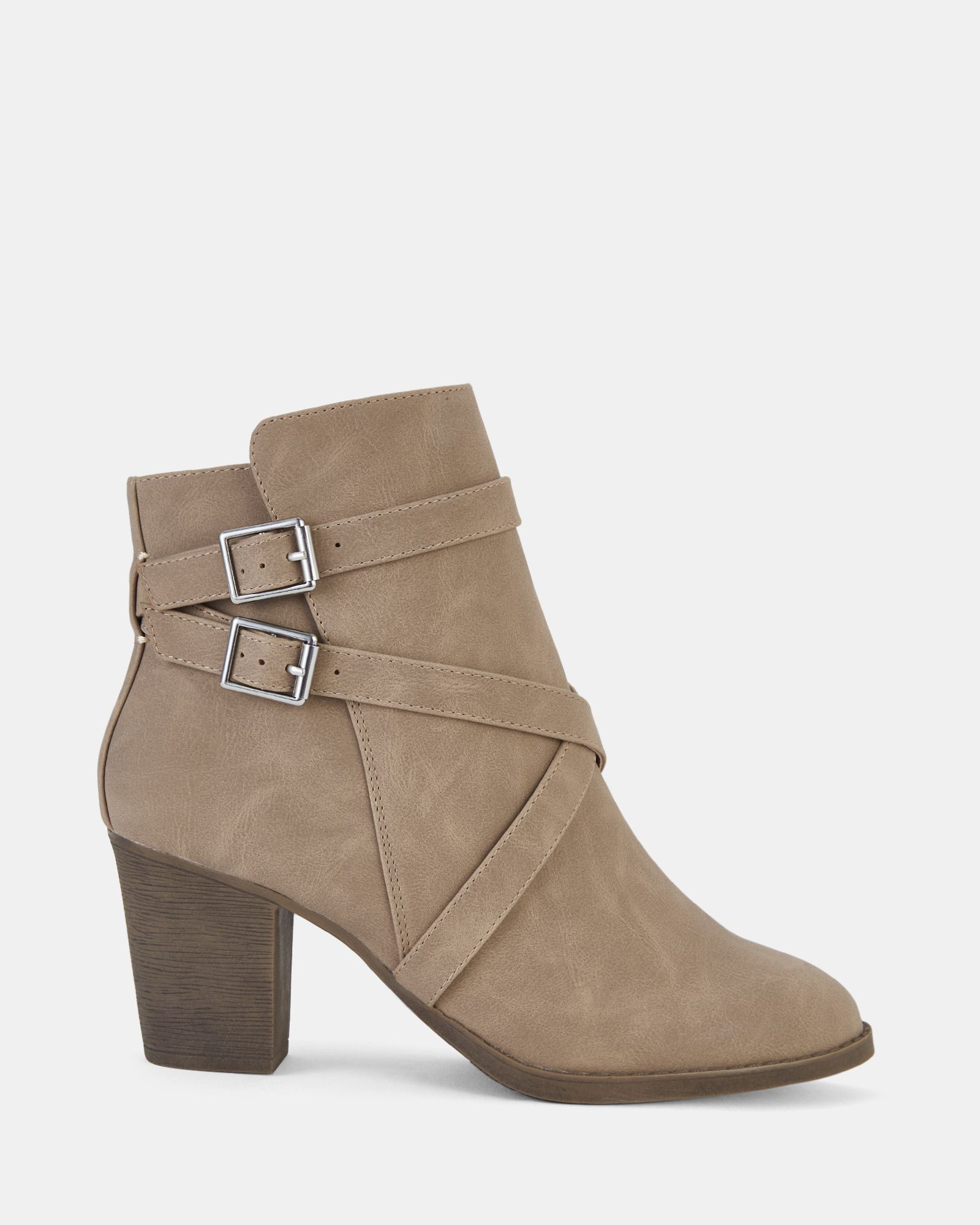 Jorgie Taupe Buckle Mid Heel Ankle Boot