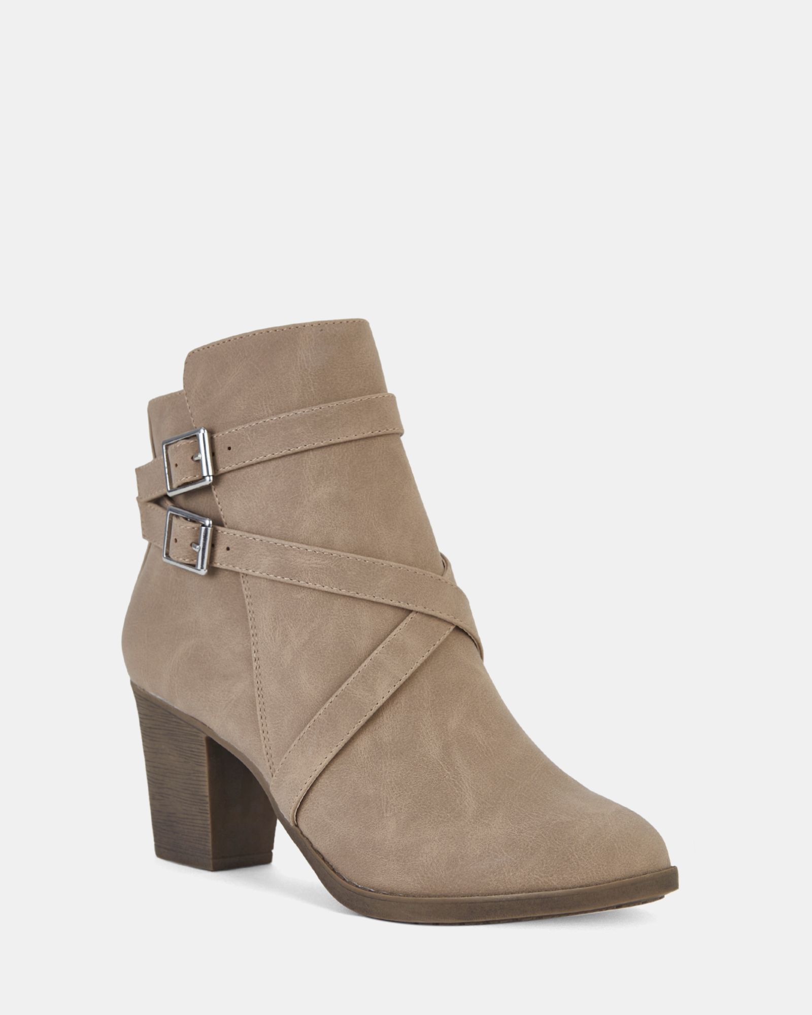 Jorgie Taupe Buckle Mid Heel Ankle Boot